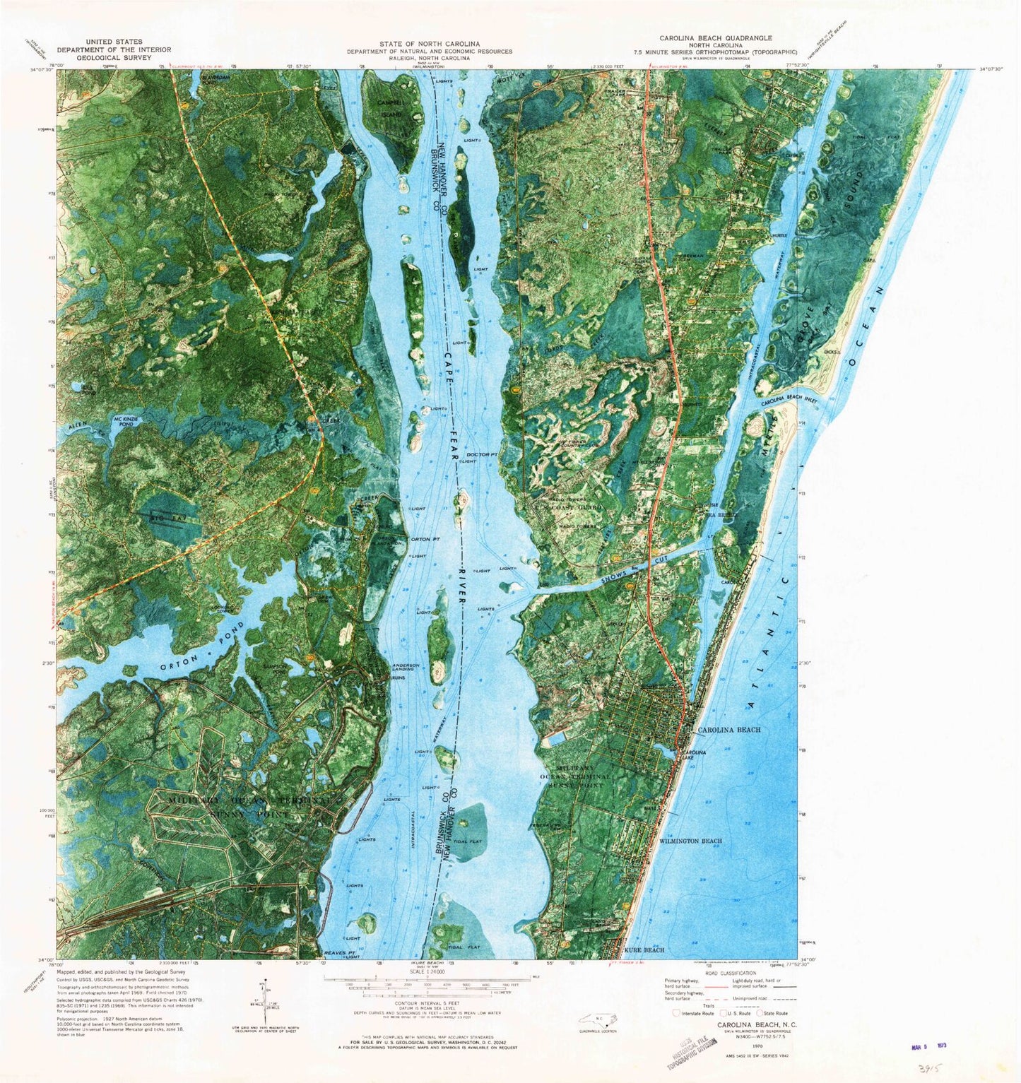 Classic USGS Carolina Beach North Carolina 7.5'x7.5' Topo Map Image