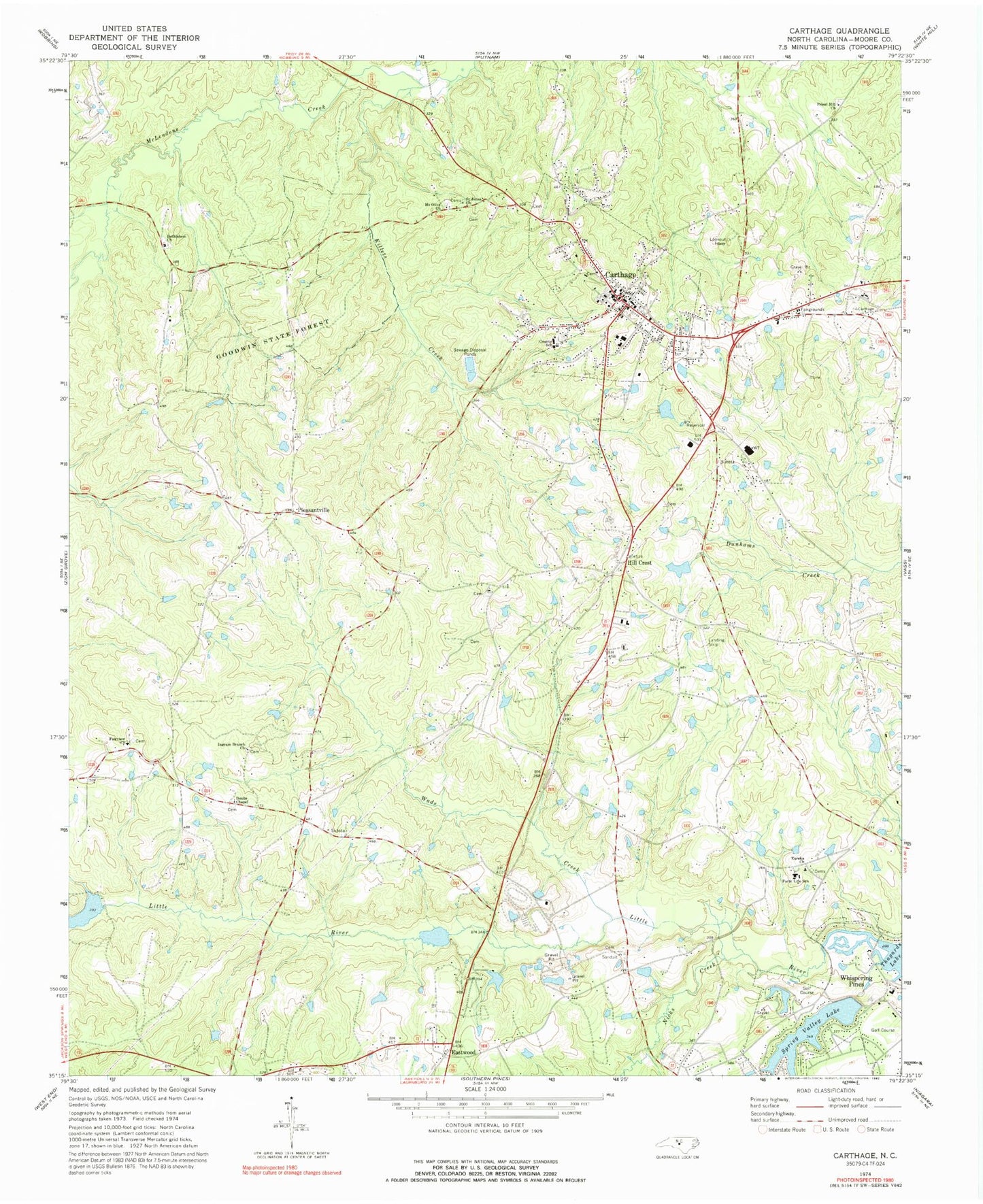 Classic USGS Carthage North Carolina 7.5'x7.5' Topo Map Image