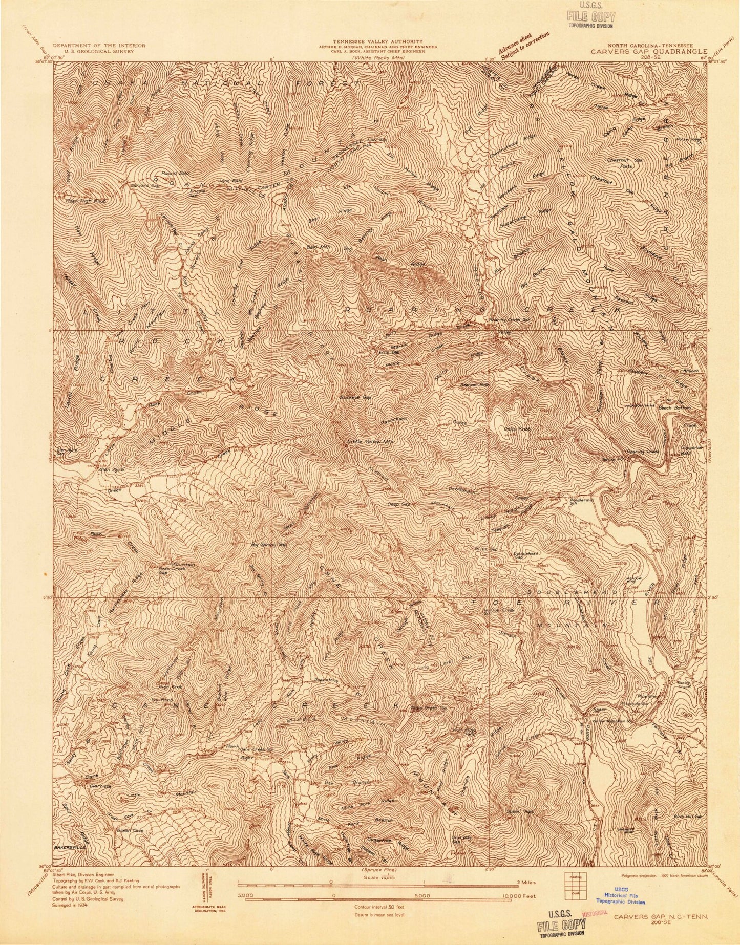 Classic USGS Carvers Gap North Carolina 7.5'x7.5' Topo Map Image