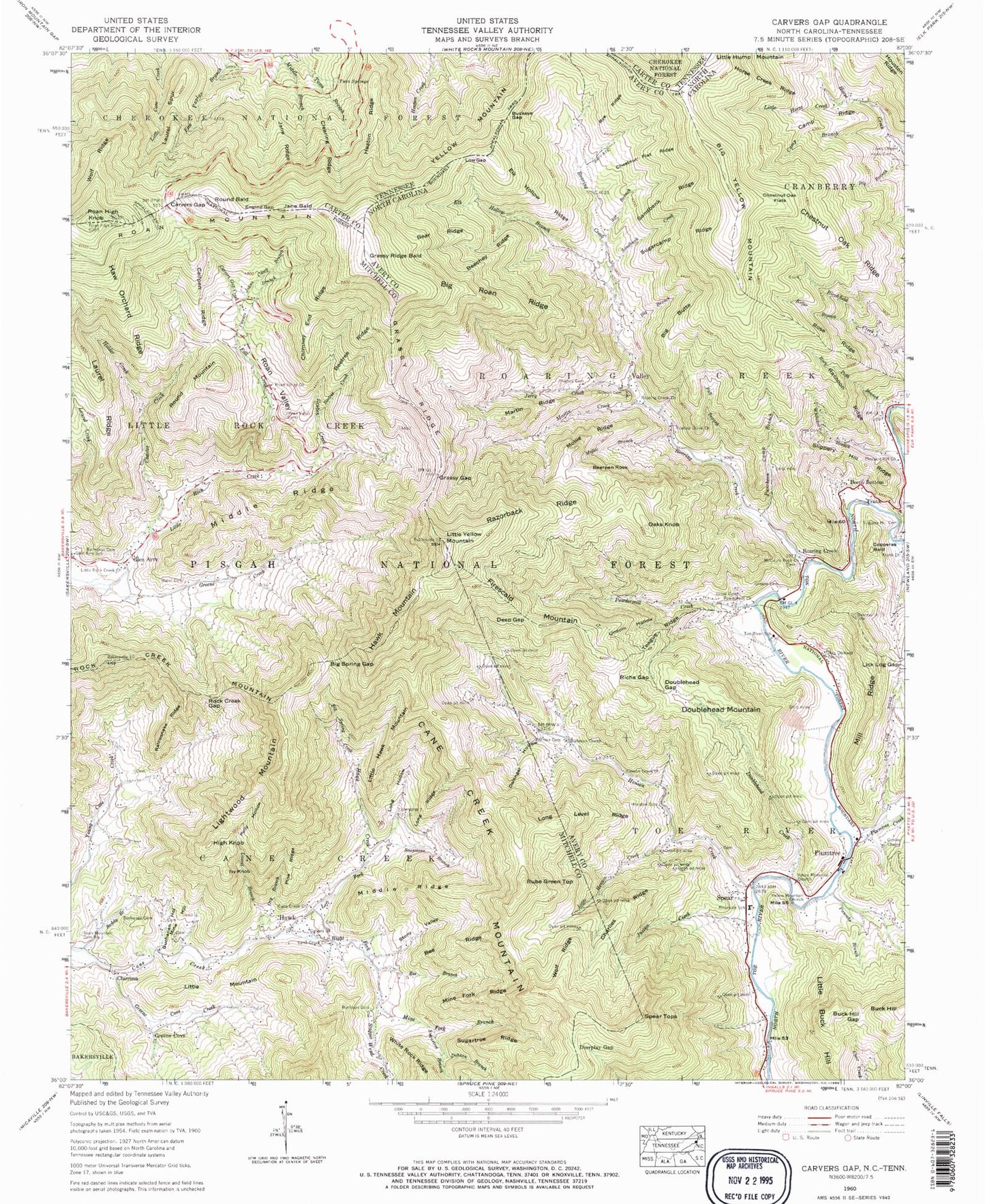 Classic USGS Carvers Gap North Carolina 7.5'x7.5' Topo Map Image