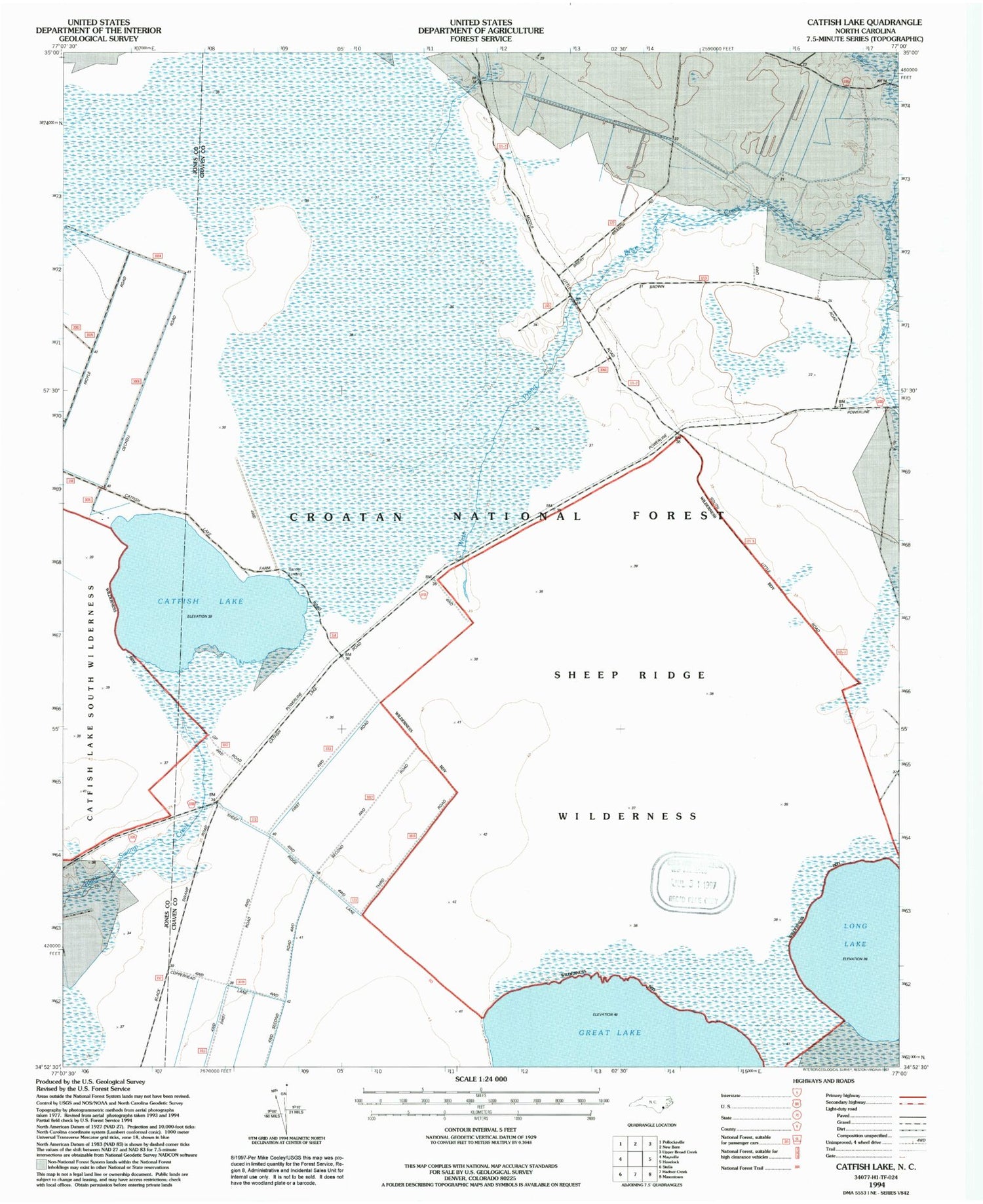 Classic USGS Catfish Lake North Carolina 7.5'x7.5' Topo Map Image