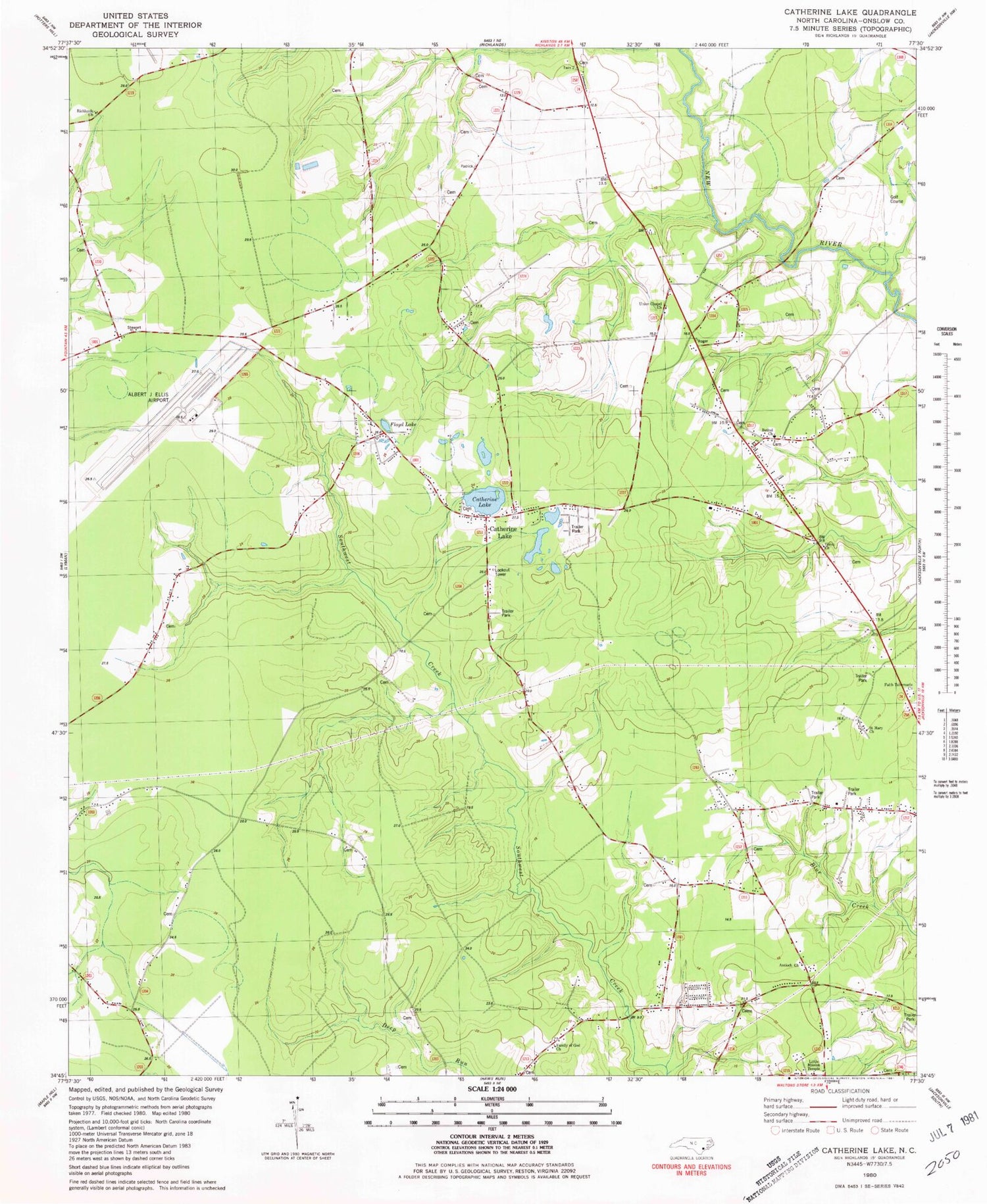 Classic USGS Catherine Lake North Carolina 7.5'x7.5' Topo Map Image