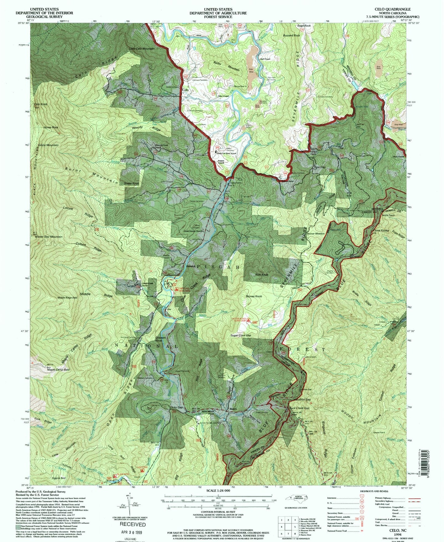Classic USGS Celo North Carolina 7.5'x7.5' Topo Map Image