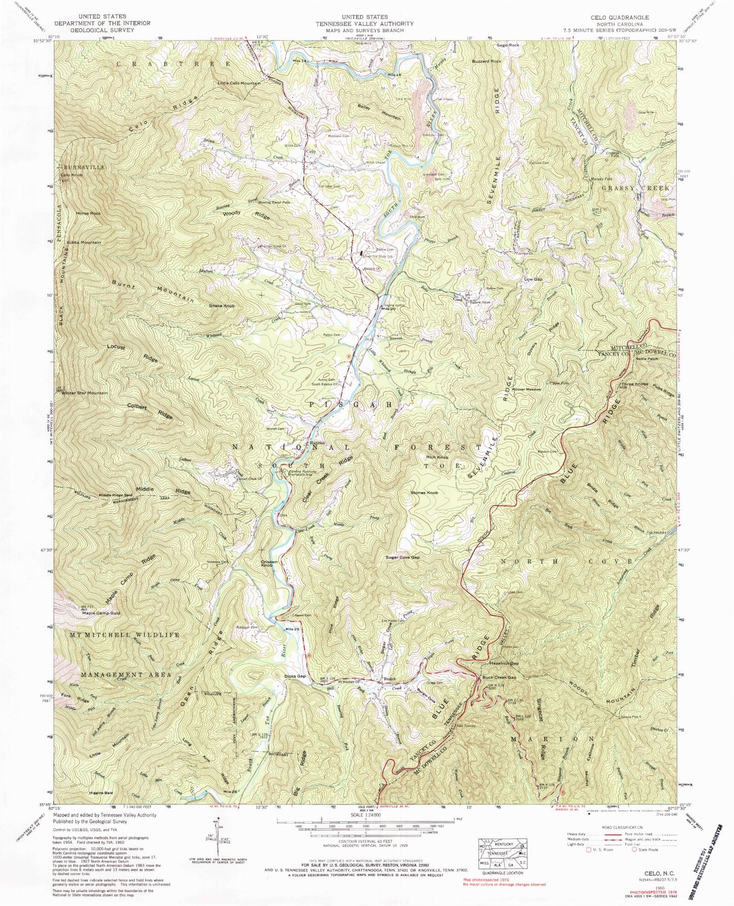 Classic USGS Celo North Carolina 7.5'x7.5' Topo Map Image