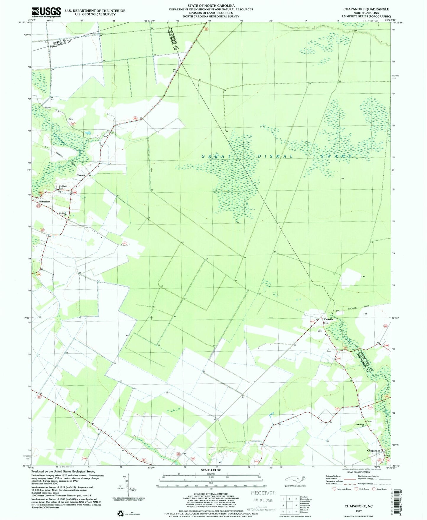 Classic USGS Chapanoke North Carolina 7.5'x7.5' Topo Map Image