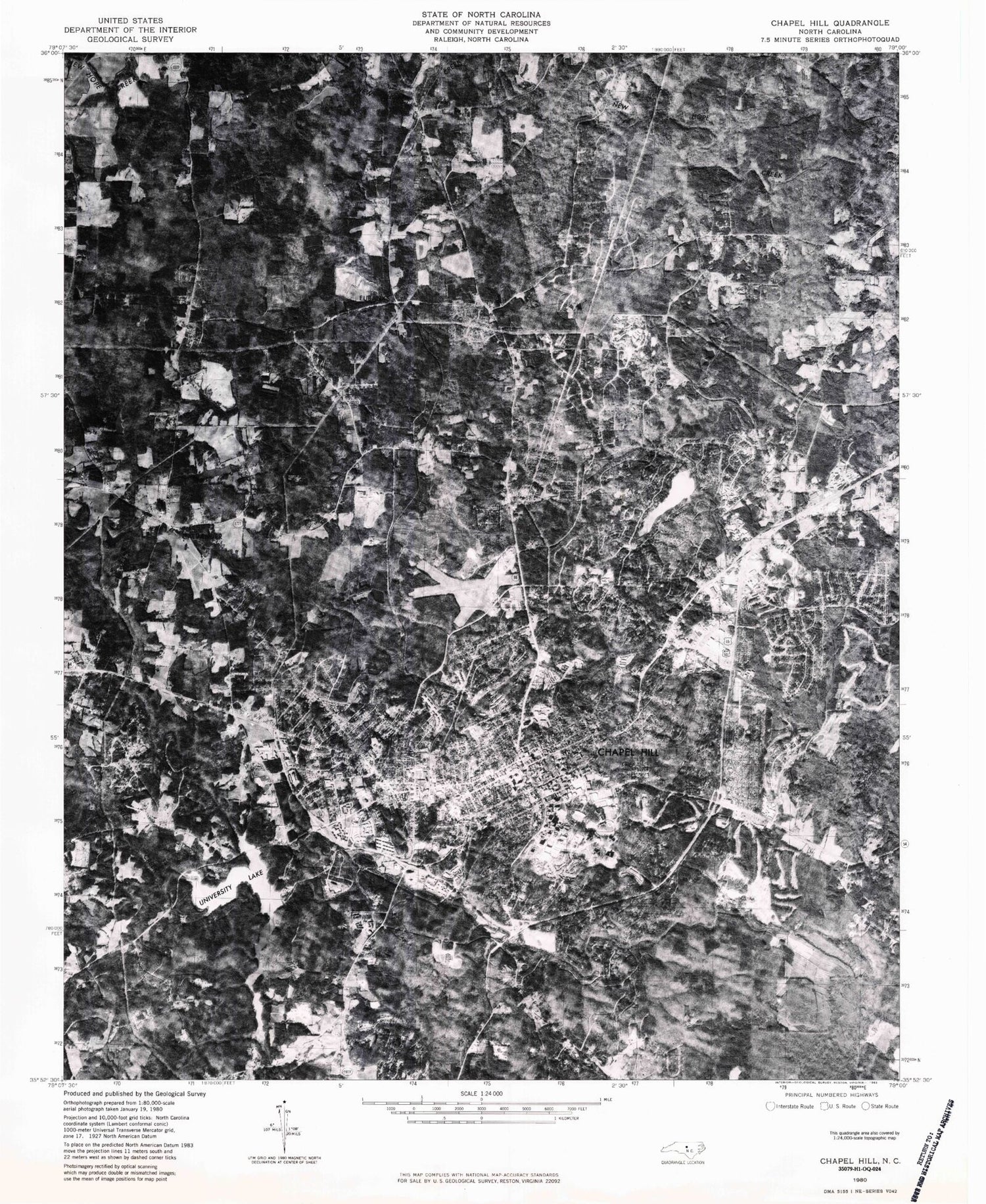 Classic USGS Chapel Hill North Carolina 7.5'x7.5' Topo Map Image