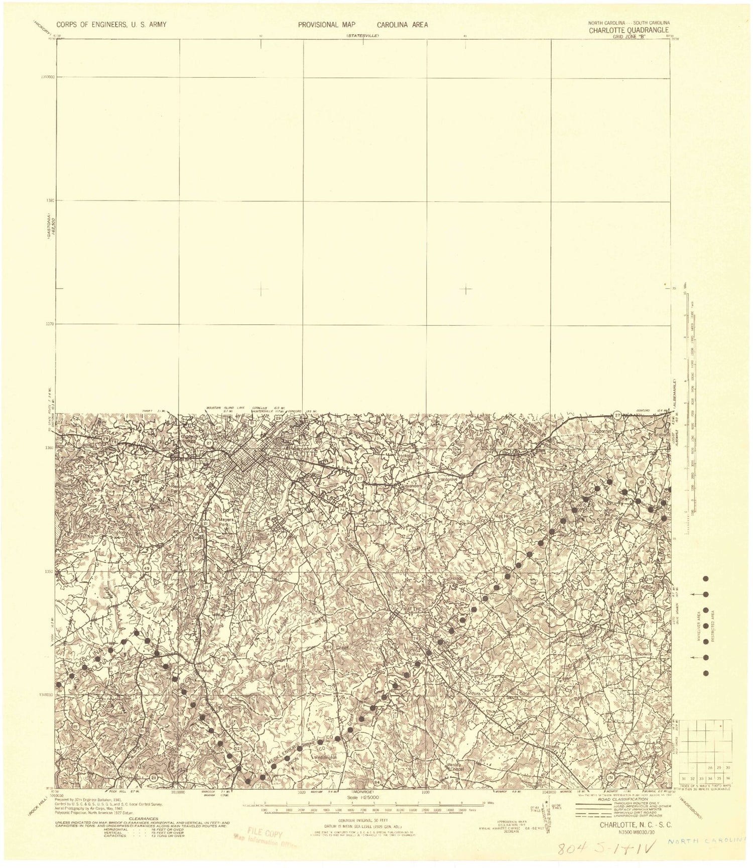 Historic 1941 Charlotte North Carolina 30'x30' Topo Map Image