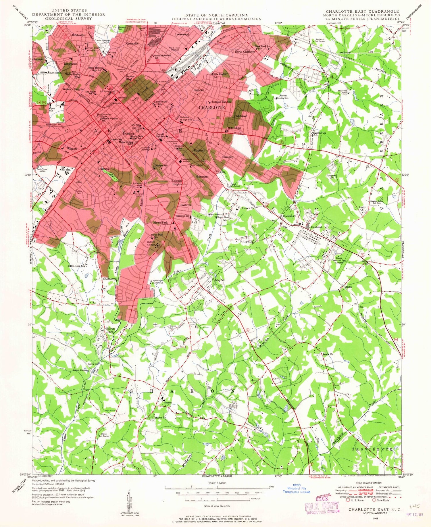 Classic USGS Charlotte East North Carolina 7.5'x7.5' Topo Map Image
