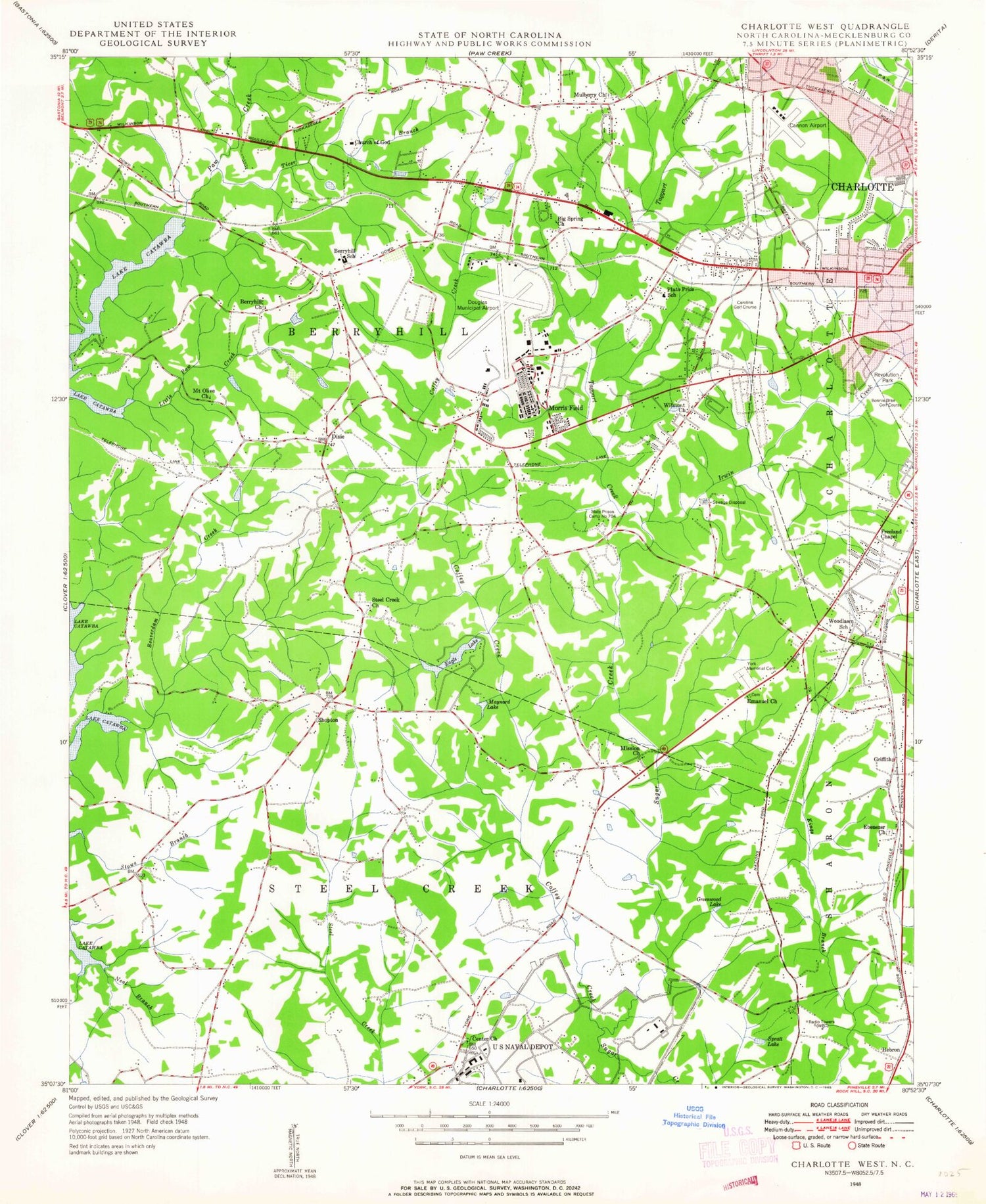 Classic USGS Charlotte West North Carolina 7.5'x7.5' Topo Map Image