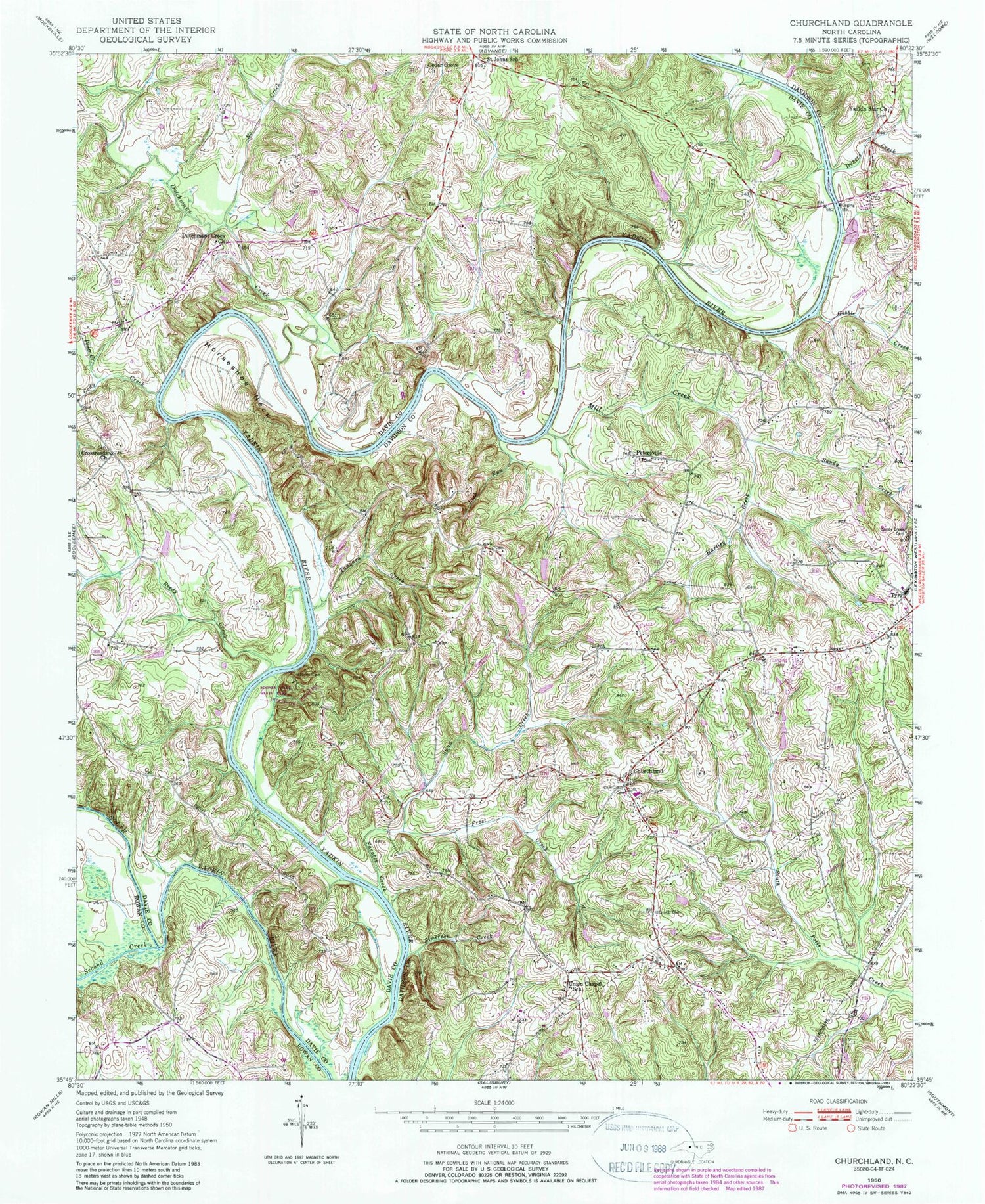 Classic USGS Churchland North Carolina 7.5'x7.5' Topo Map Image