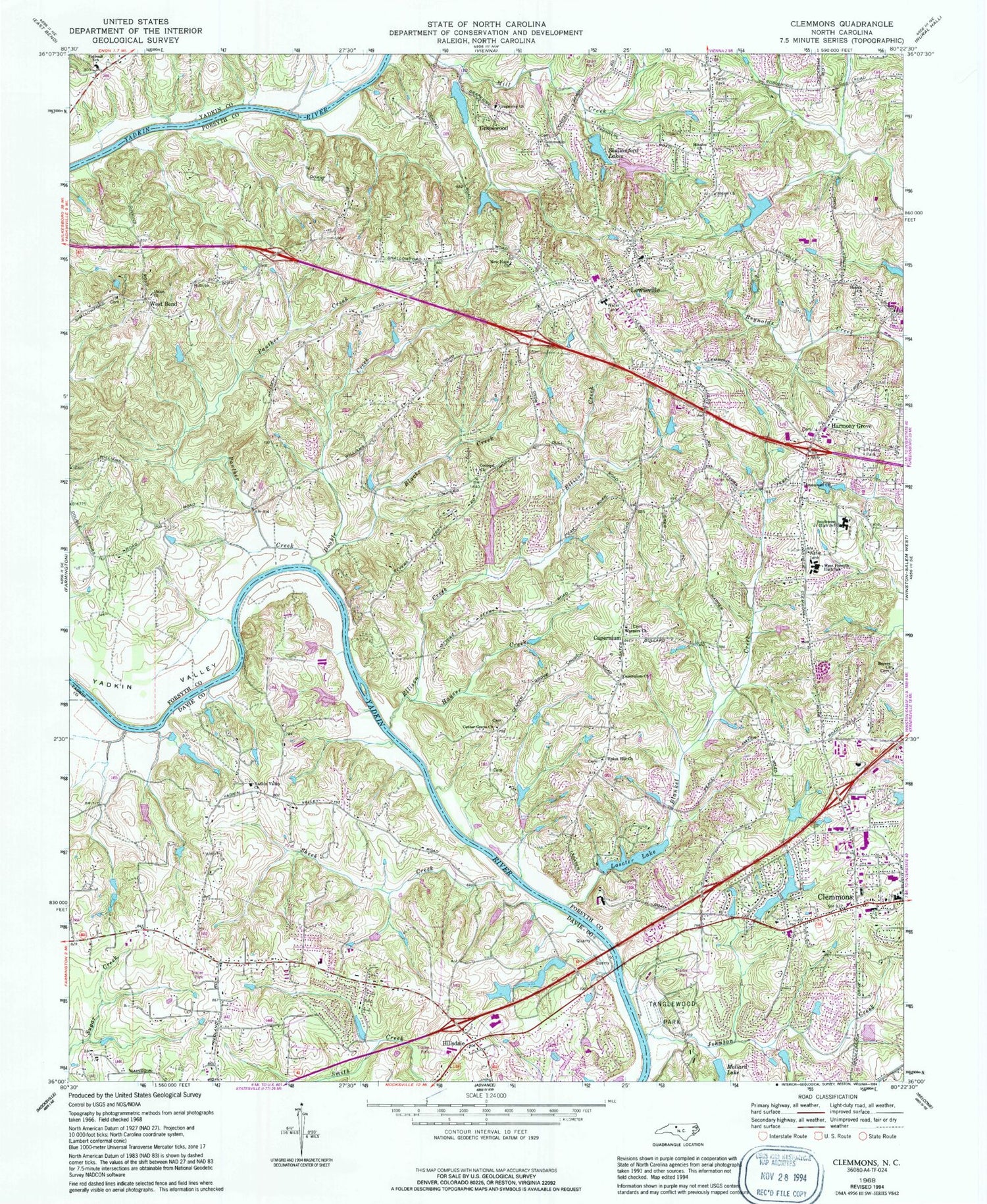 Classic USGS Clemmons North Carolina 7.5'x7.5' Topo Map Image