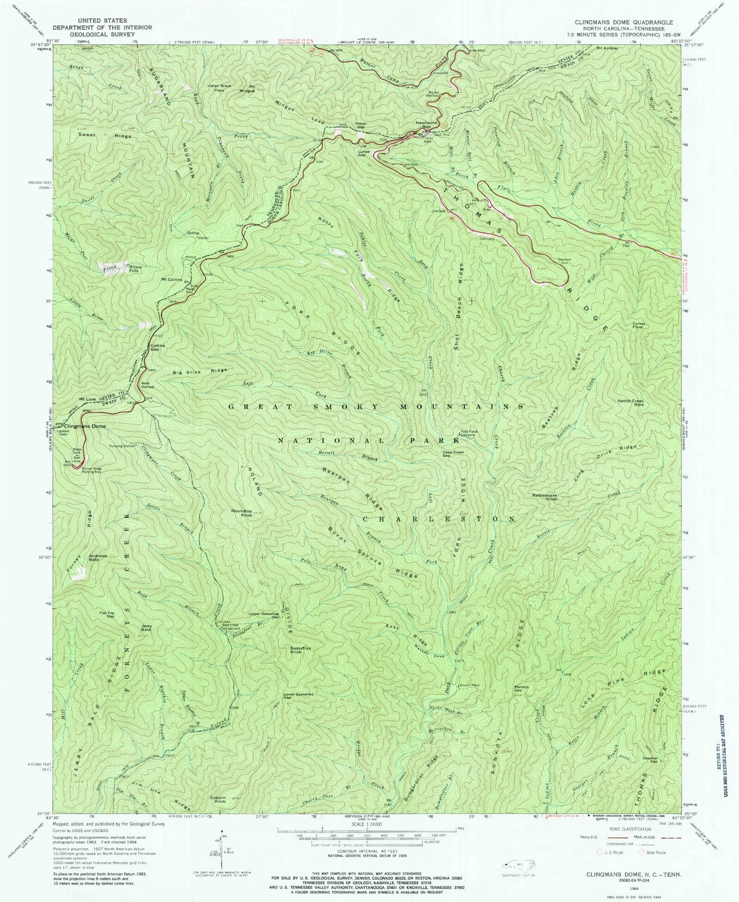 USGS Classic Clingmans Dome North Carolina 7.5'x7.5' Topo Map Image