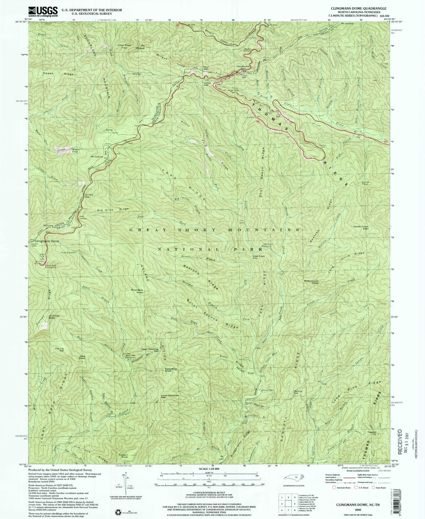 USGS Classic Clingmans Dome North Carolina 7.5'x7.5' Topo Map Image