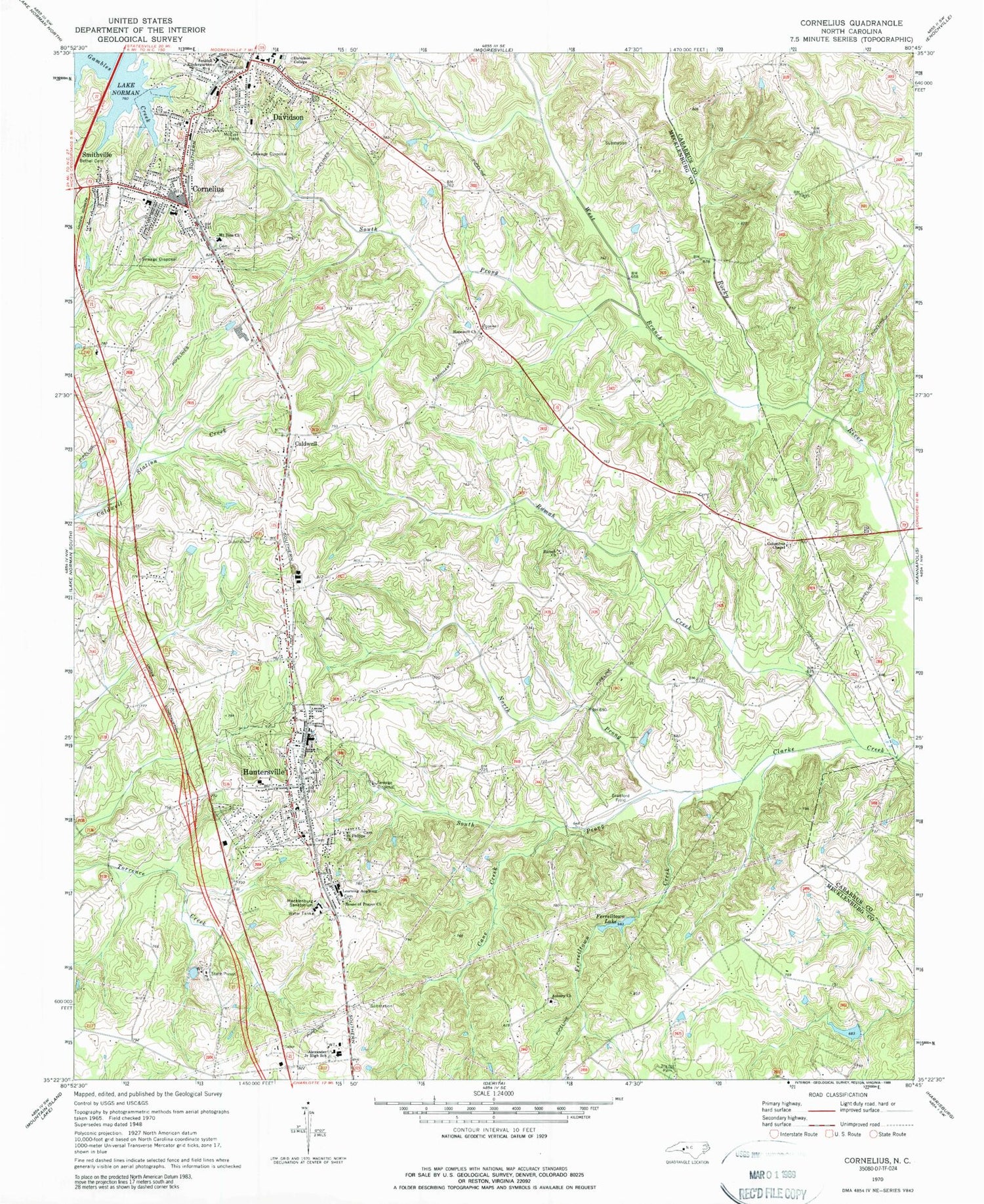 Classic USGS Cornelius North Carolina 7.5'x7.5' Topo Map Image