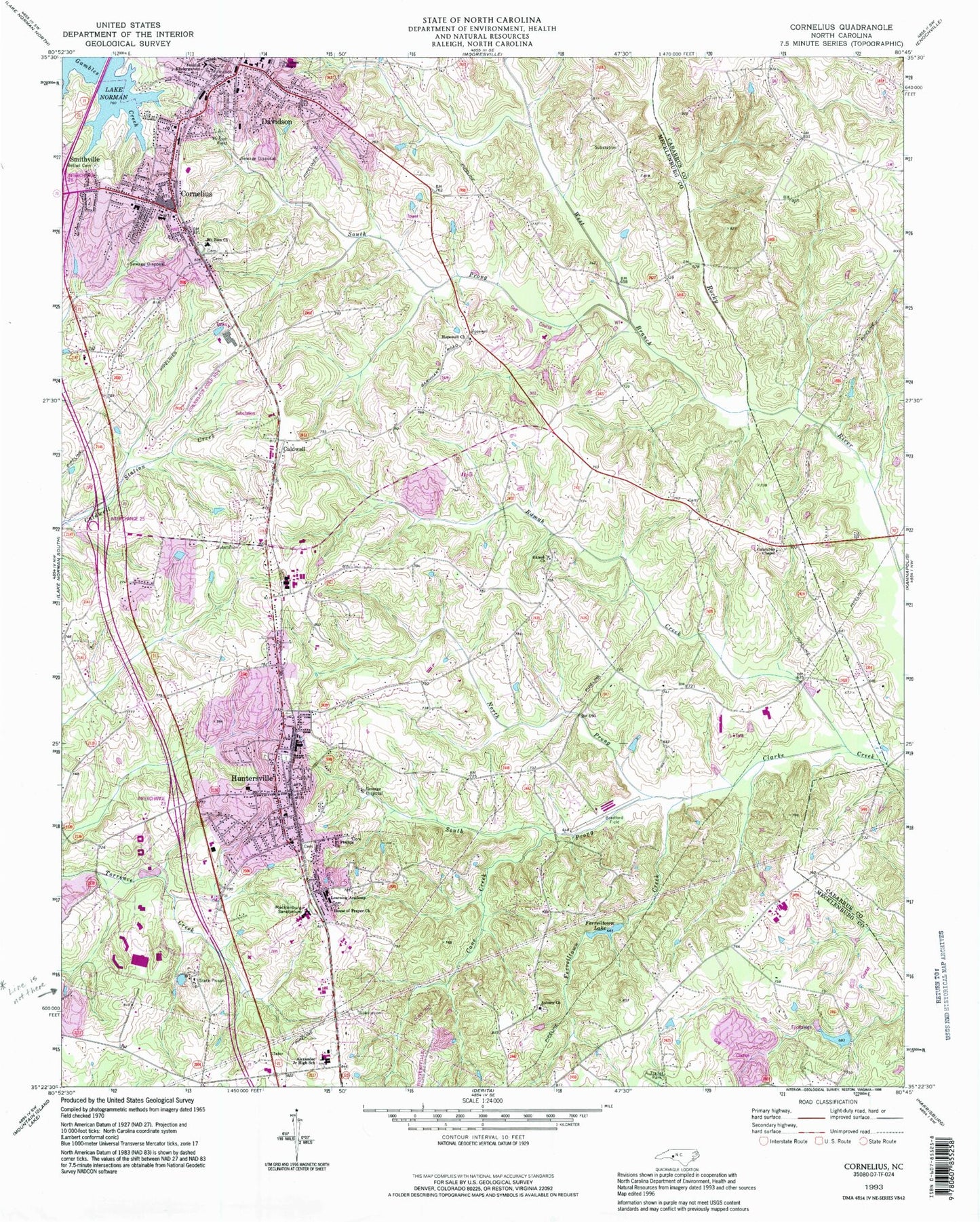 Classic USGS Cornelius North Carolina 7.5'x7.5' Topo Map Image
