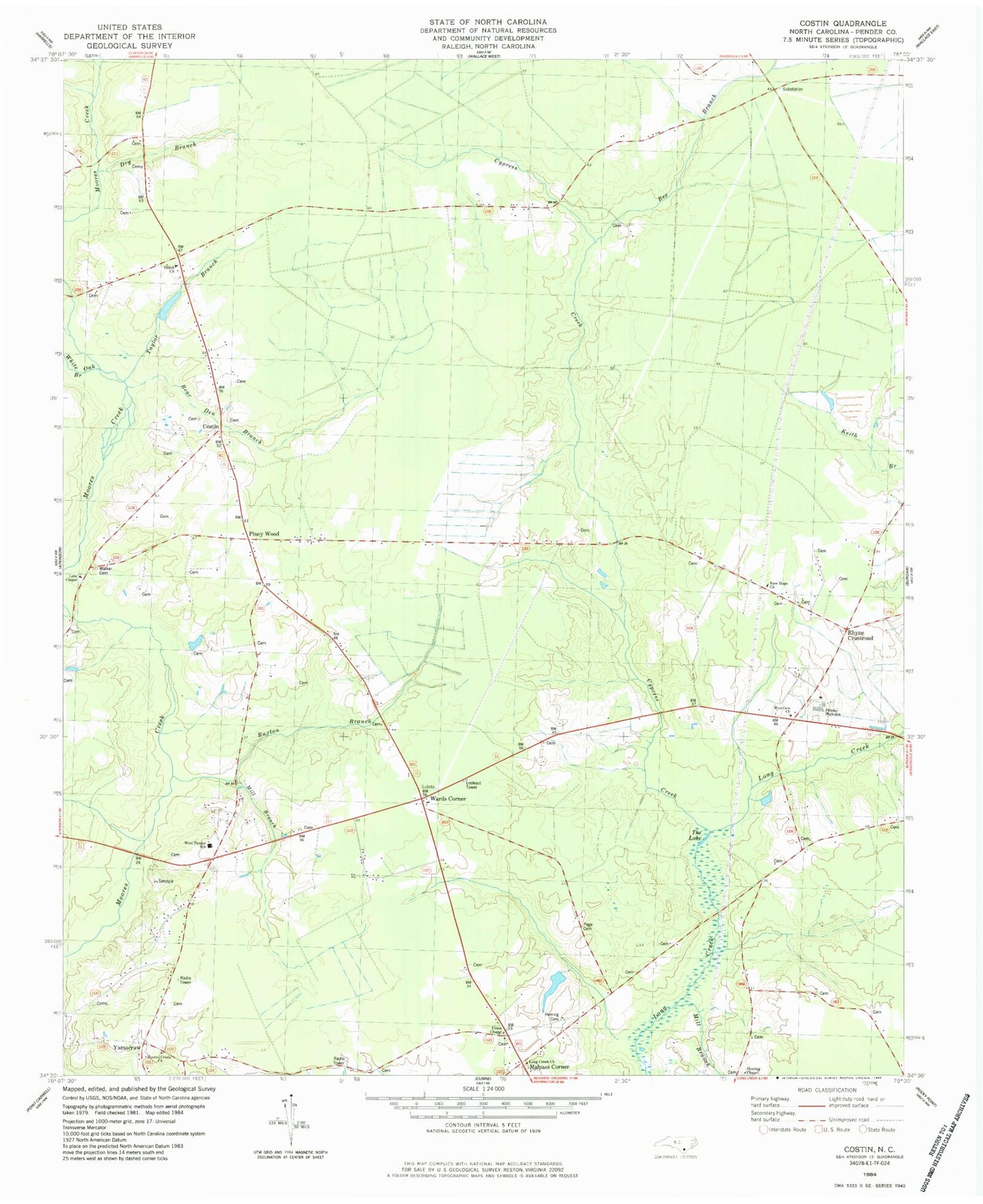 Classic USGS Costin North Carolina 7.5'x7.5' Topo Map Image
