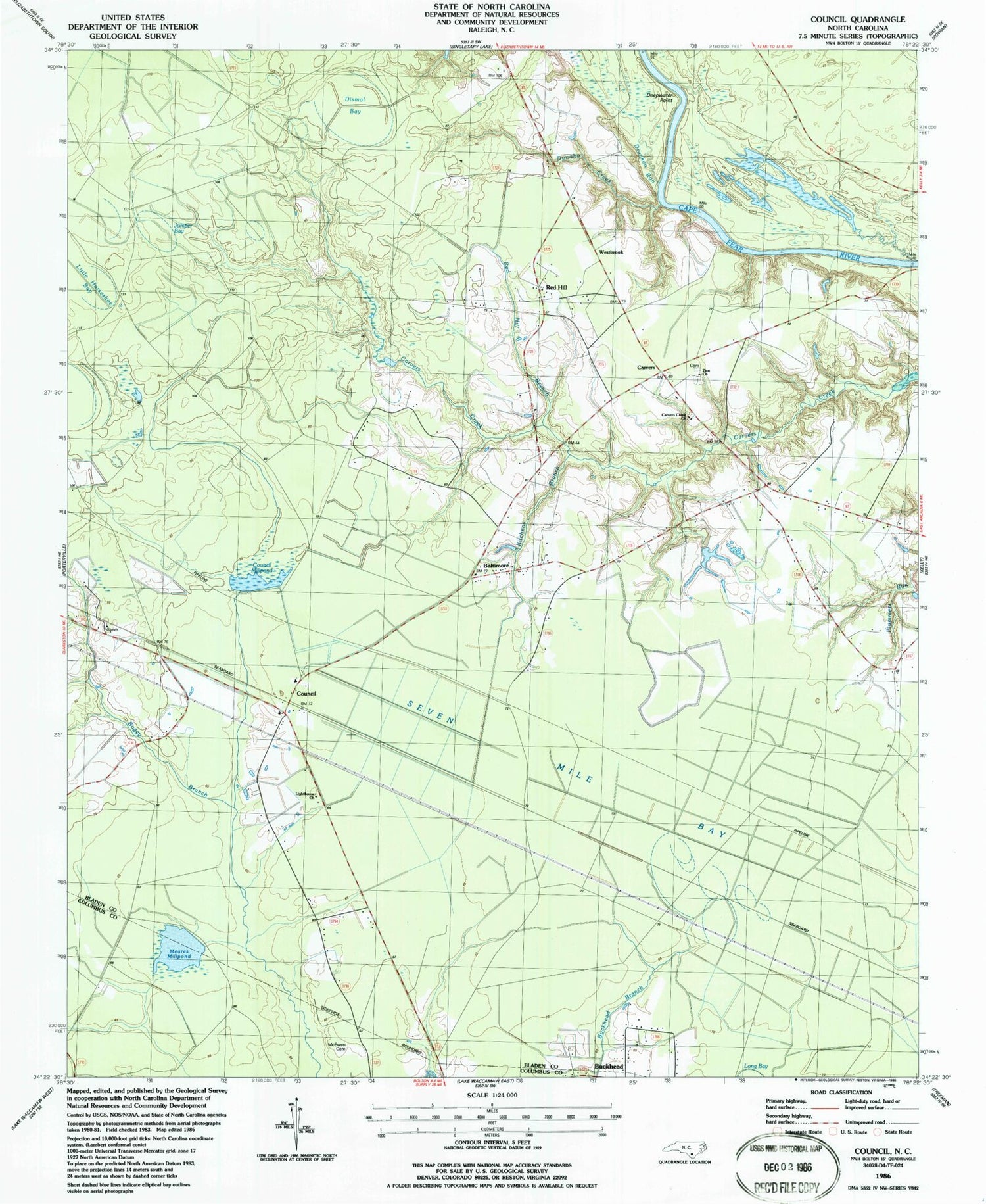 Classic USGS Council North Carolina 7.5'x7.5' Topo Map Image