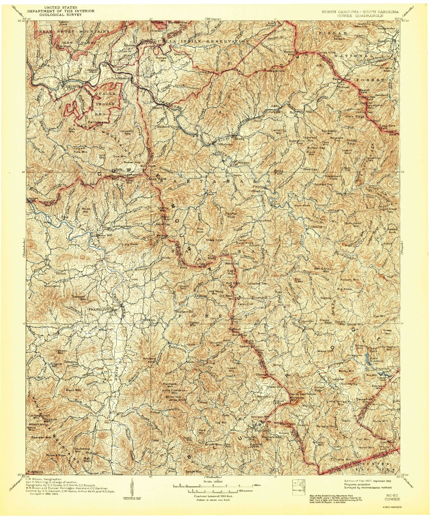 Historic 1907 Cowee North Carolina 30'x30' Topo Map Image