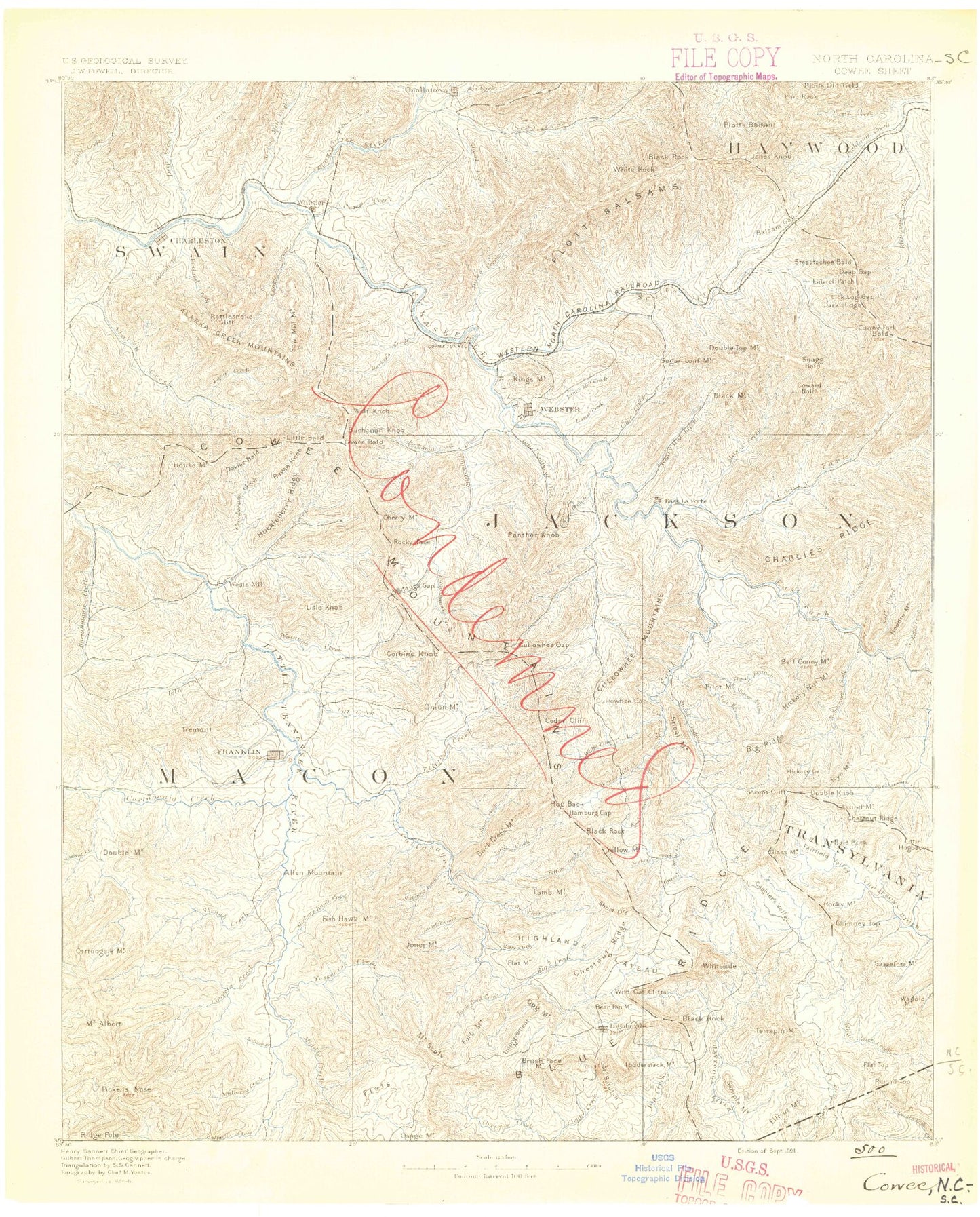 Historic 1891 Cowee North Carolina 30'x30' Topo Map Image