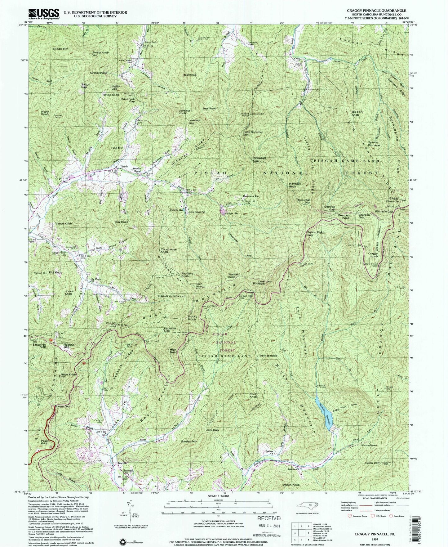 Classic USGS Craggy Pinnacle North Carolina 7.5'x7.5' Topo Map Image