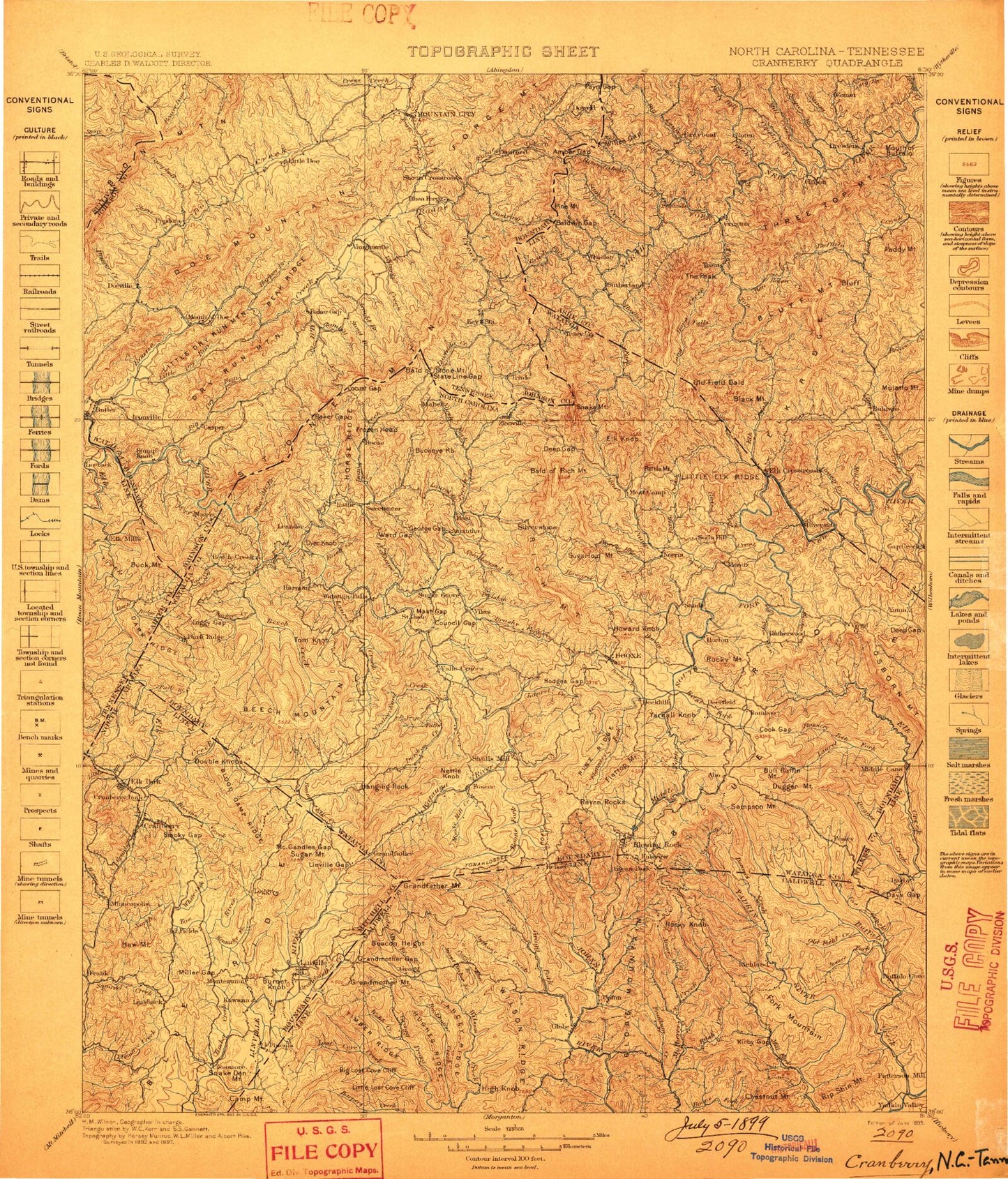 Historic 1899 Cranberry North Carolina 30'x30' Topo Map Image
