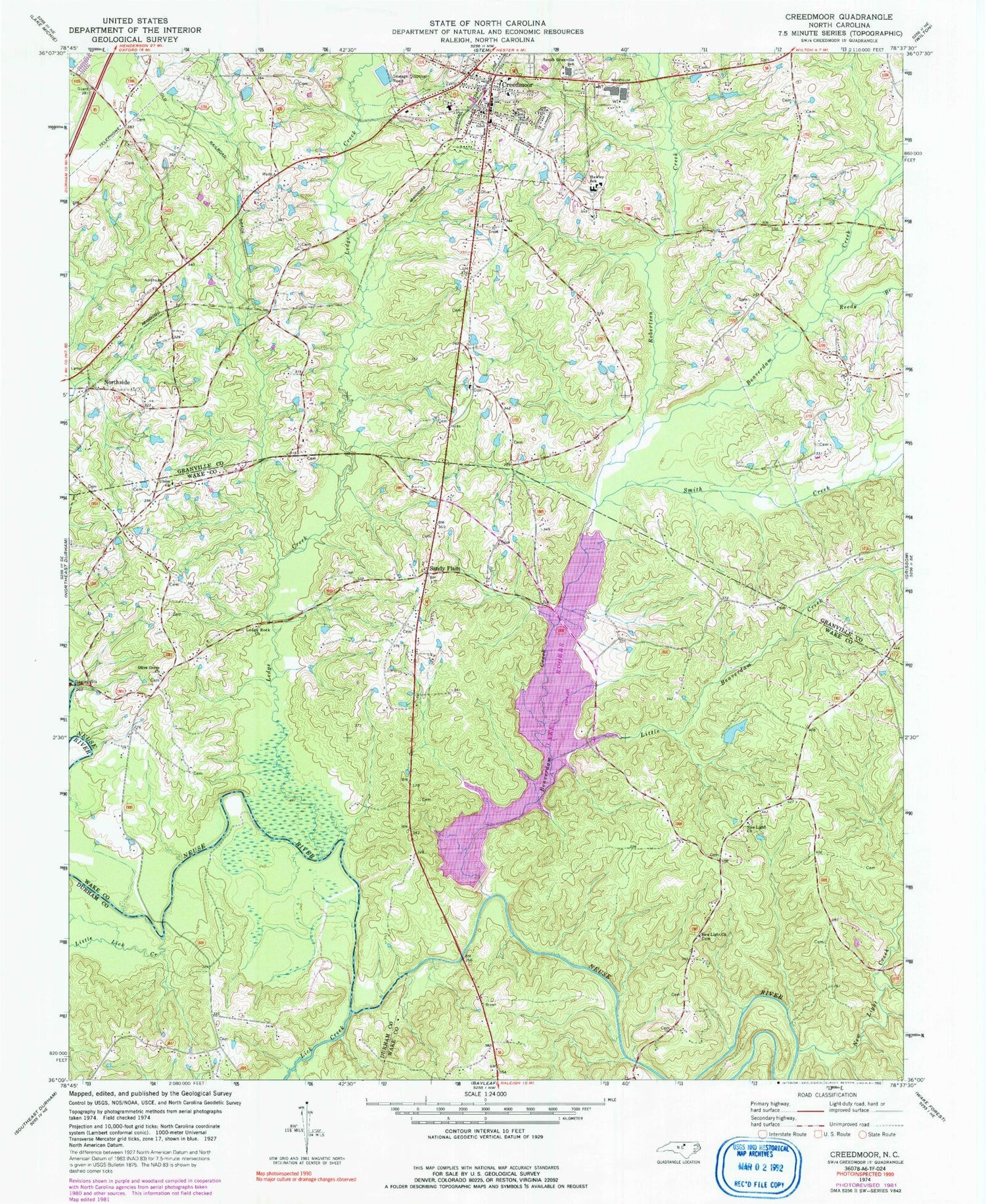 Classic USGS Creedmoor North Carolina 7.5'x7.5' Topo Map Image