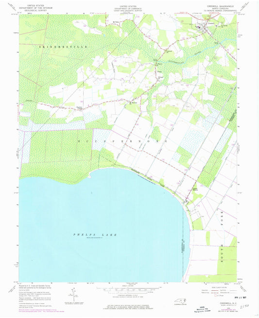 Classic USGS Creswell North Carolina 7.5'x7.5' Topo Map Image