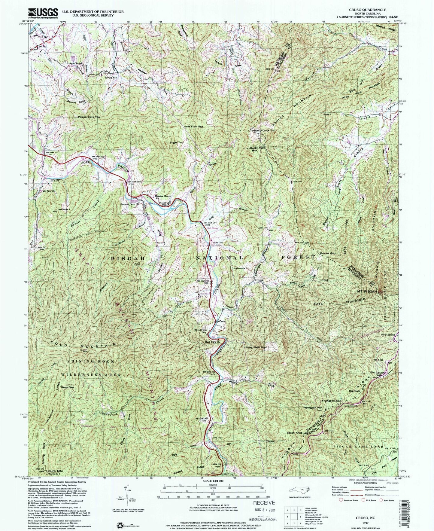 Classic USGS Cruso North Carolina 7.5'x7.5' Topo Map Image