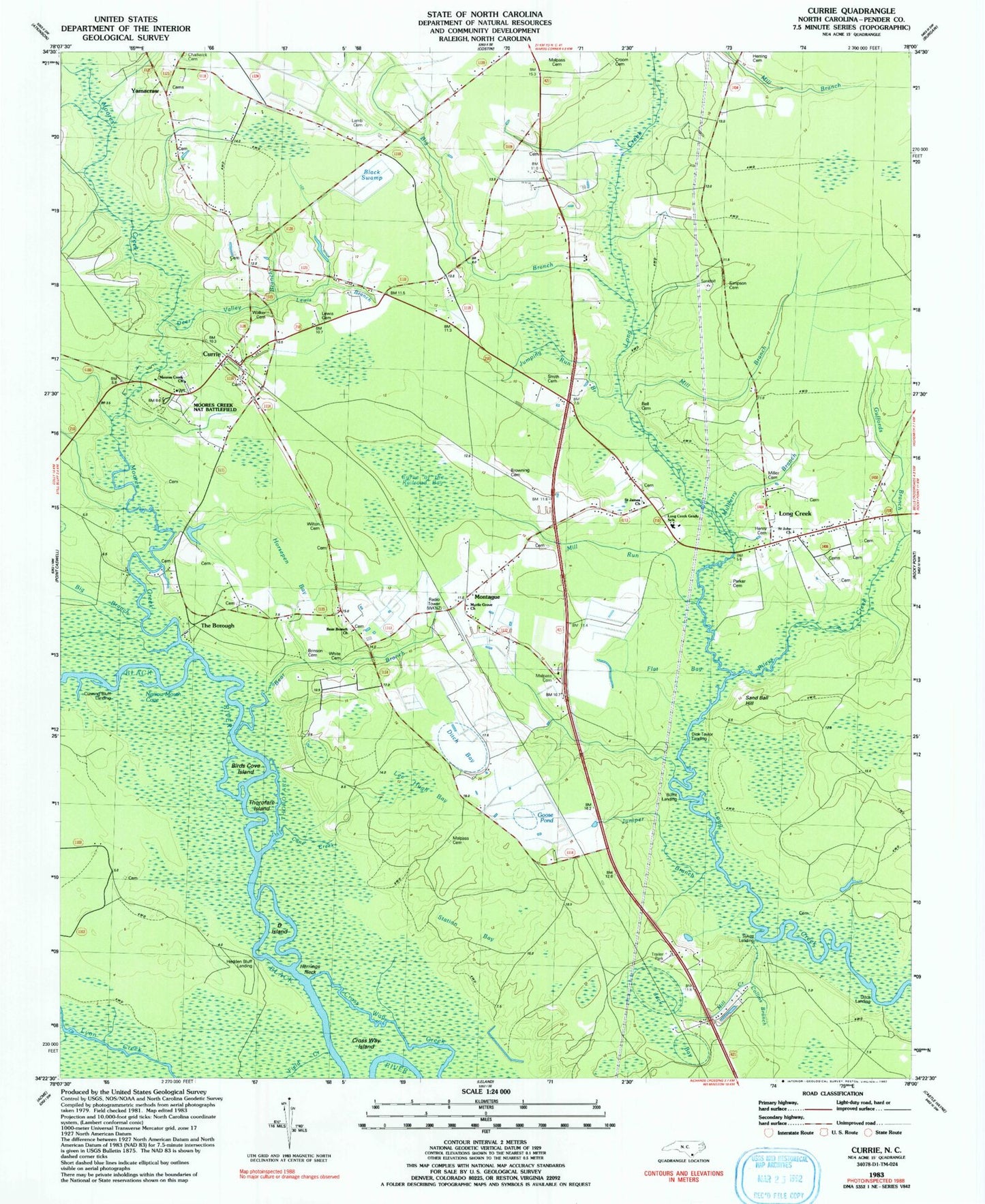 Classic USGS Currie North Carolina 7.5'x7.5' Topo Map Image