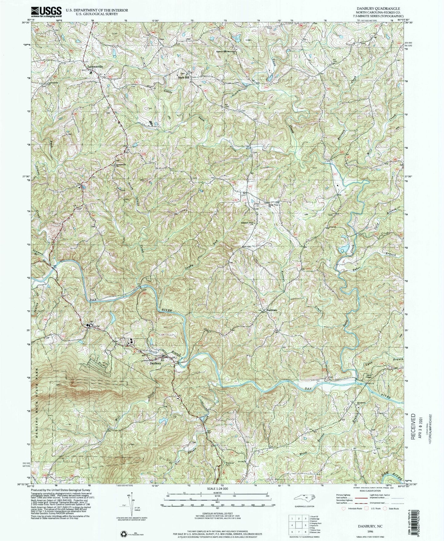 Classic USGS Danbury North Carolina 7.5'x7.5' Topo Map Image