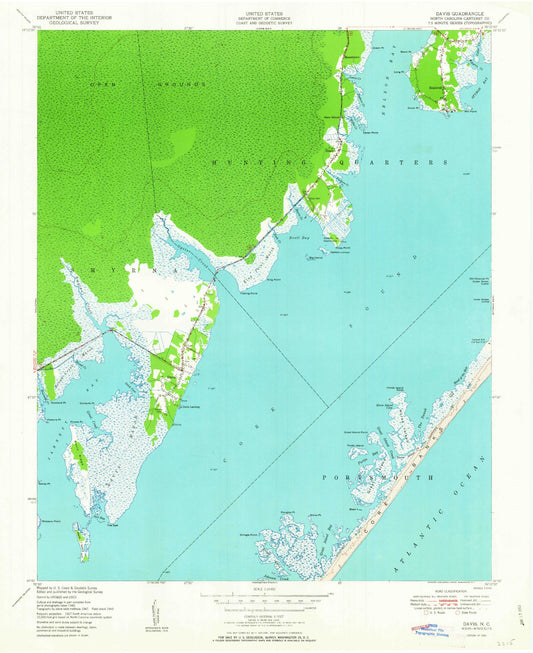 Classic USGS Davis North Carolina 7.5'x7.5' Topo Map Image