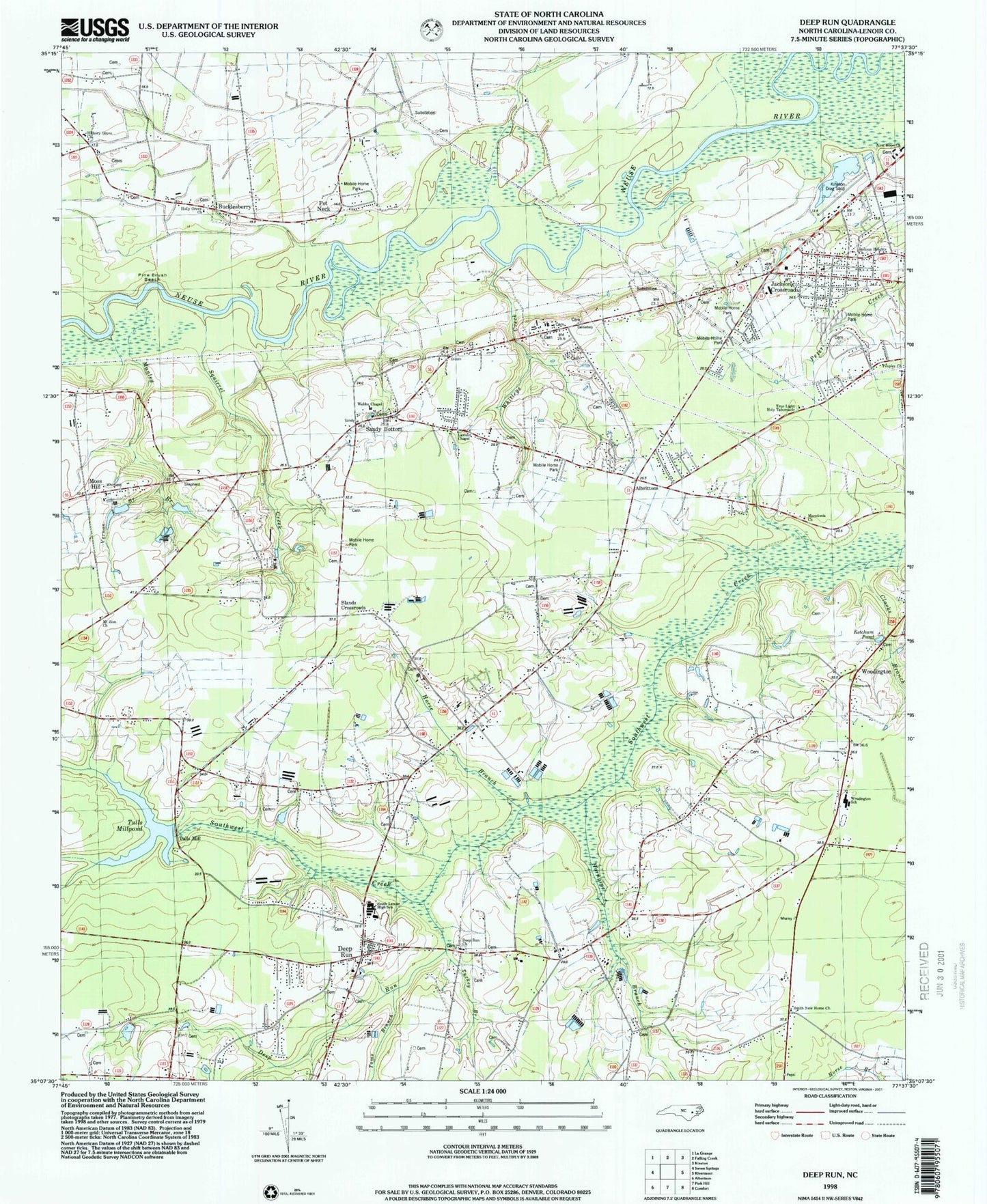 Classic USGS Deep Run North Carolina 7.5'x7.5' Topo Map Image