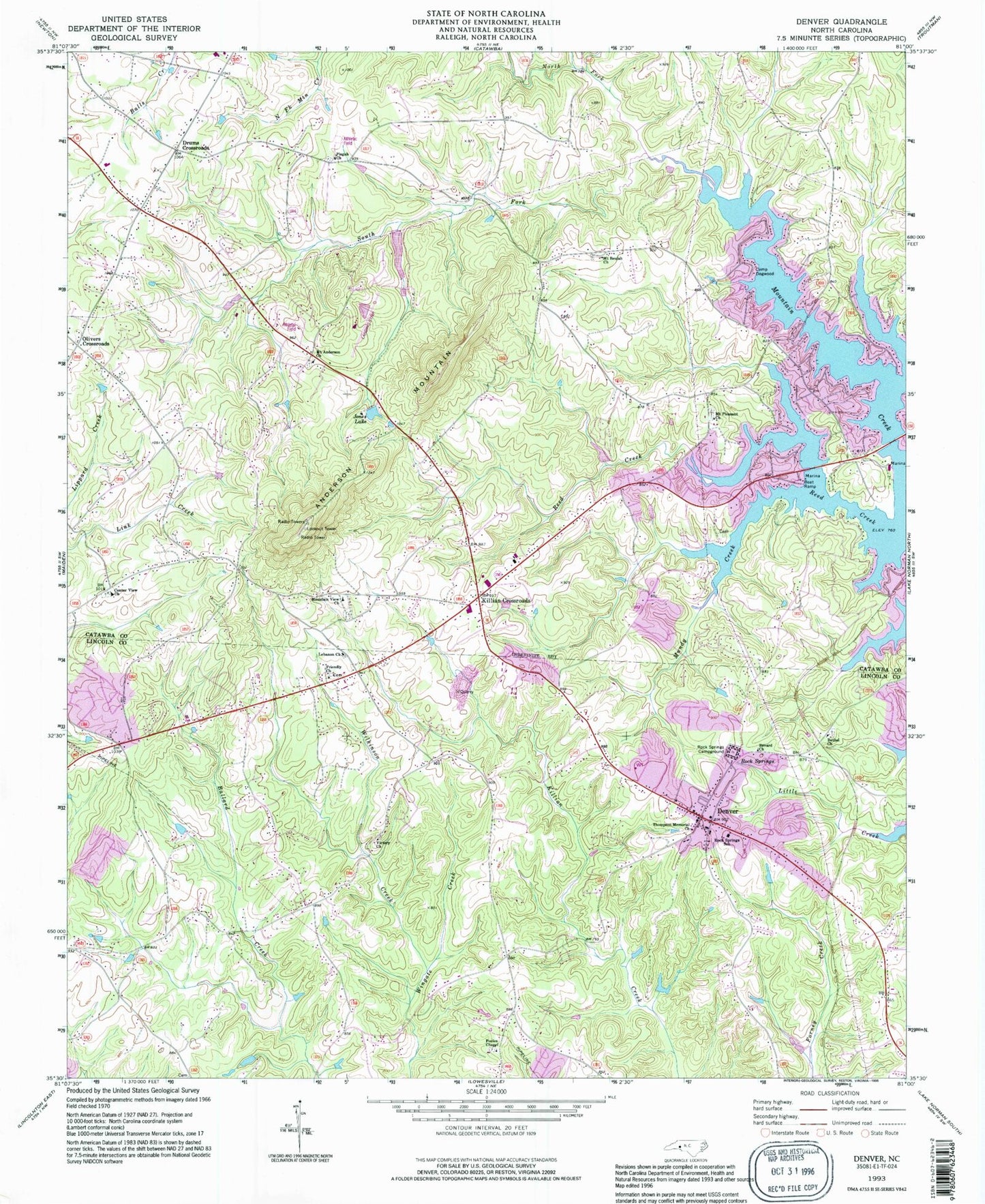 Classic USGS Denver North Carolina 7.5'x7.5' Topo Map Image