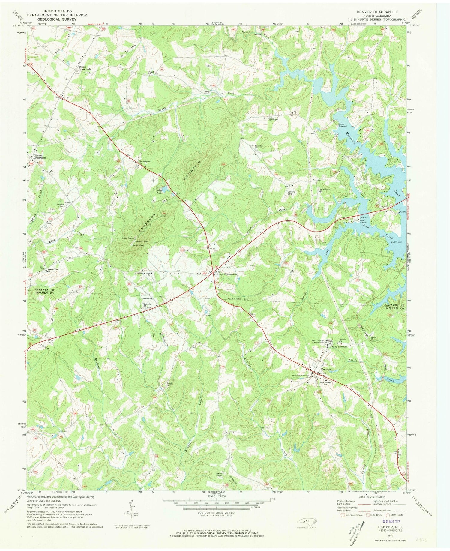 Classic USGS Denver North Carolina 7.5'x7.5' Topo Map Image