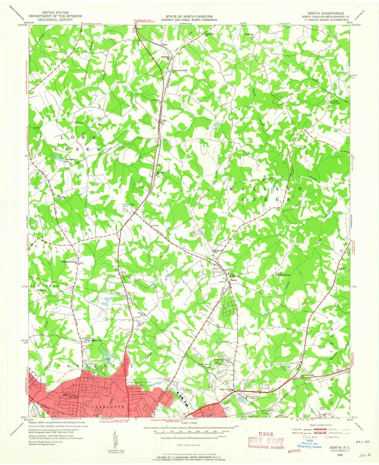 Classic USGS Derita North Carolina 7.5'x7.5' Topo Map Image