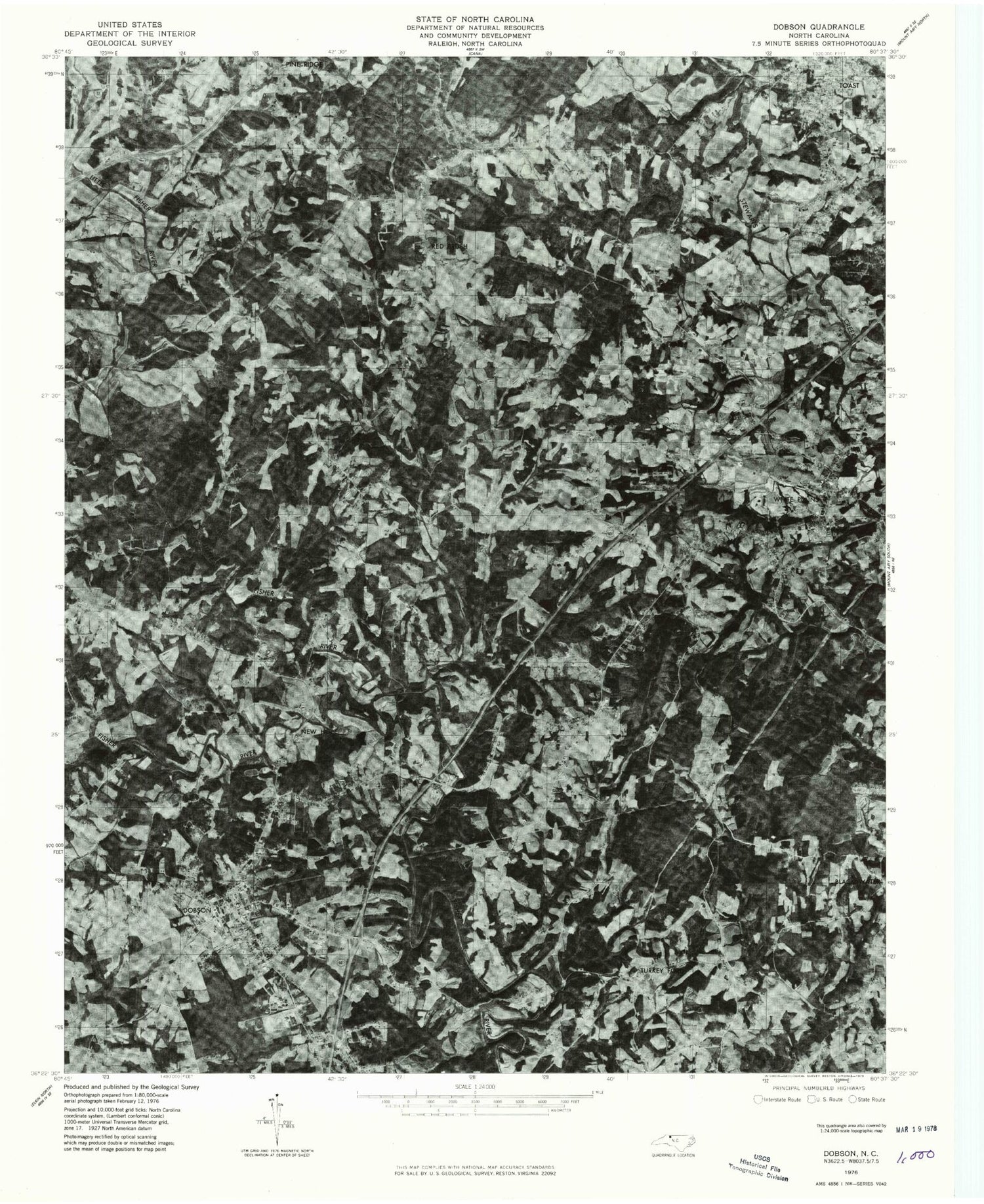 Classic USGS Dobson North Carolina 7.5'x7.5' Topo Map Image