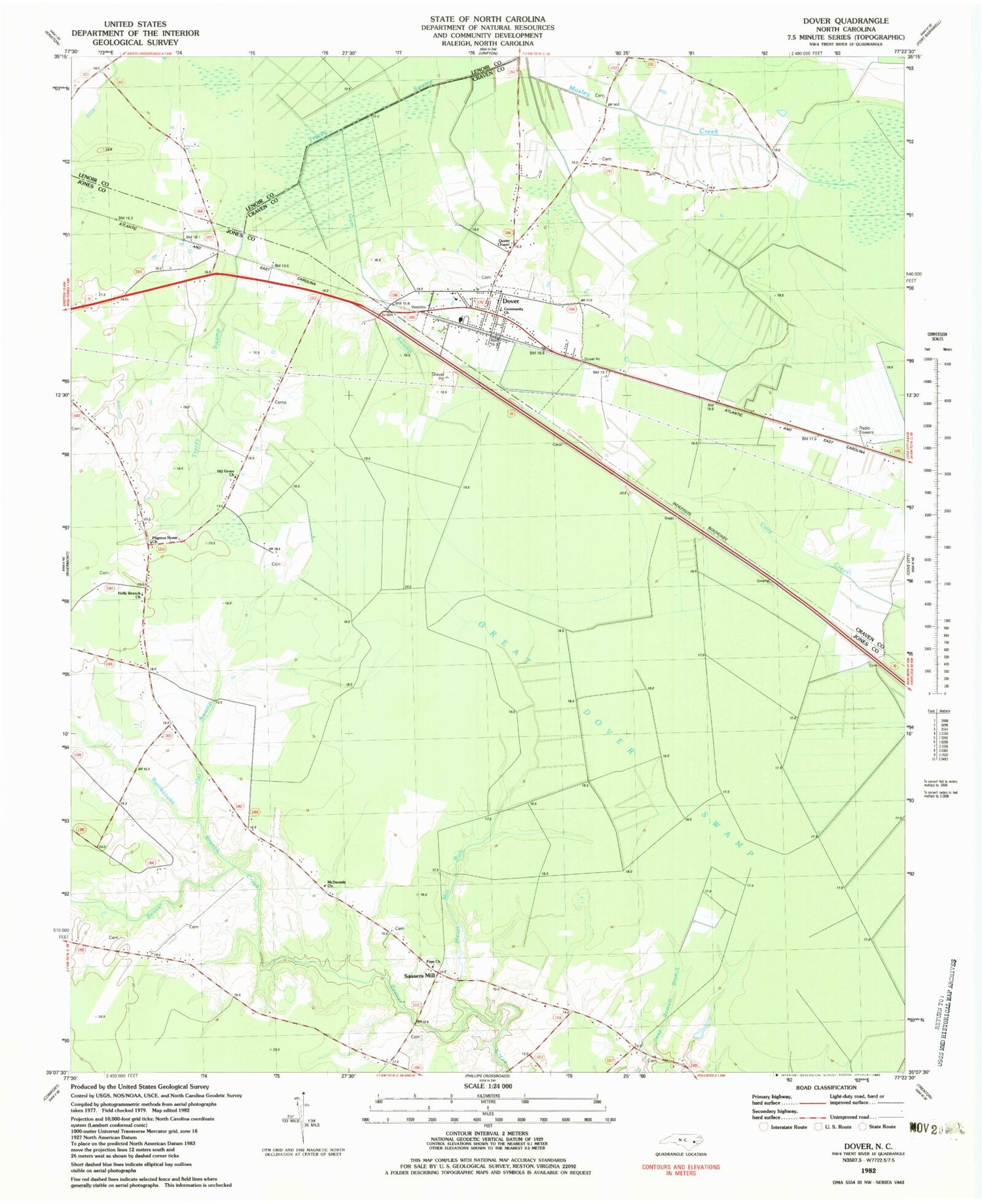 Classic USGS Dover North Carolina 7.5'x7.5' Topo Map Image