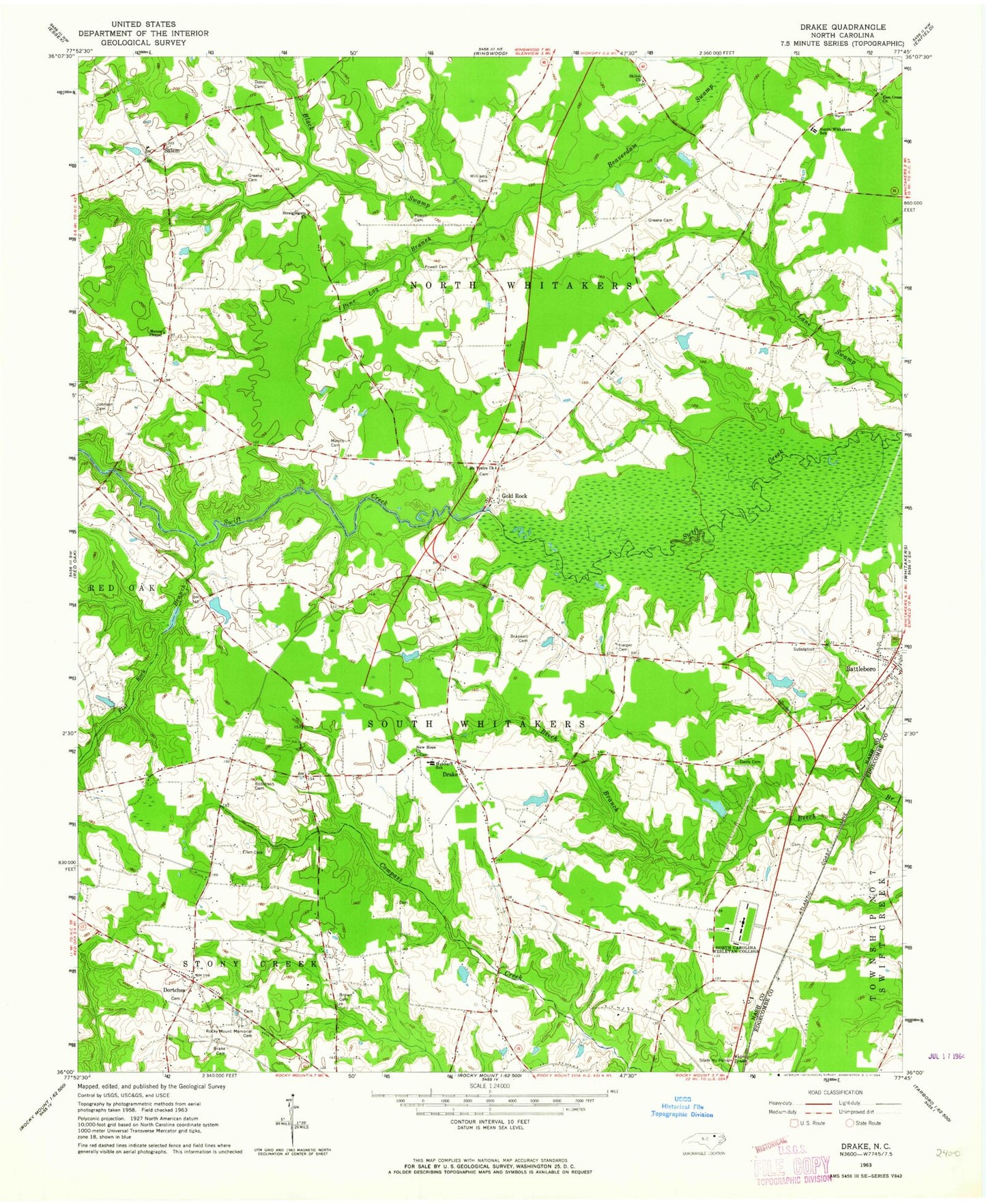 Classic USGS Drake North Carolina 7.5'x7.5' Topo Map Image