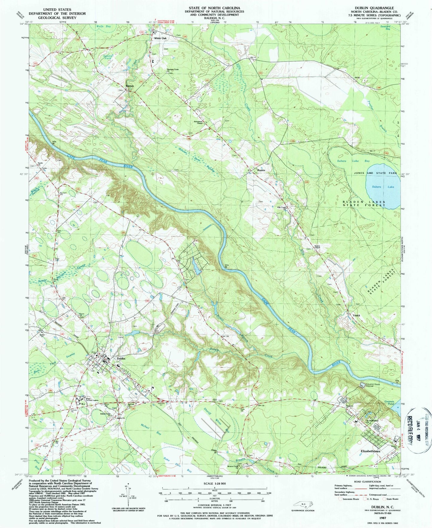Classic USGS Dublin North Carolina 7.5'x7.5' Topo Map Image
