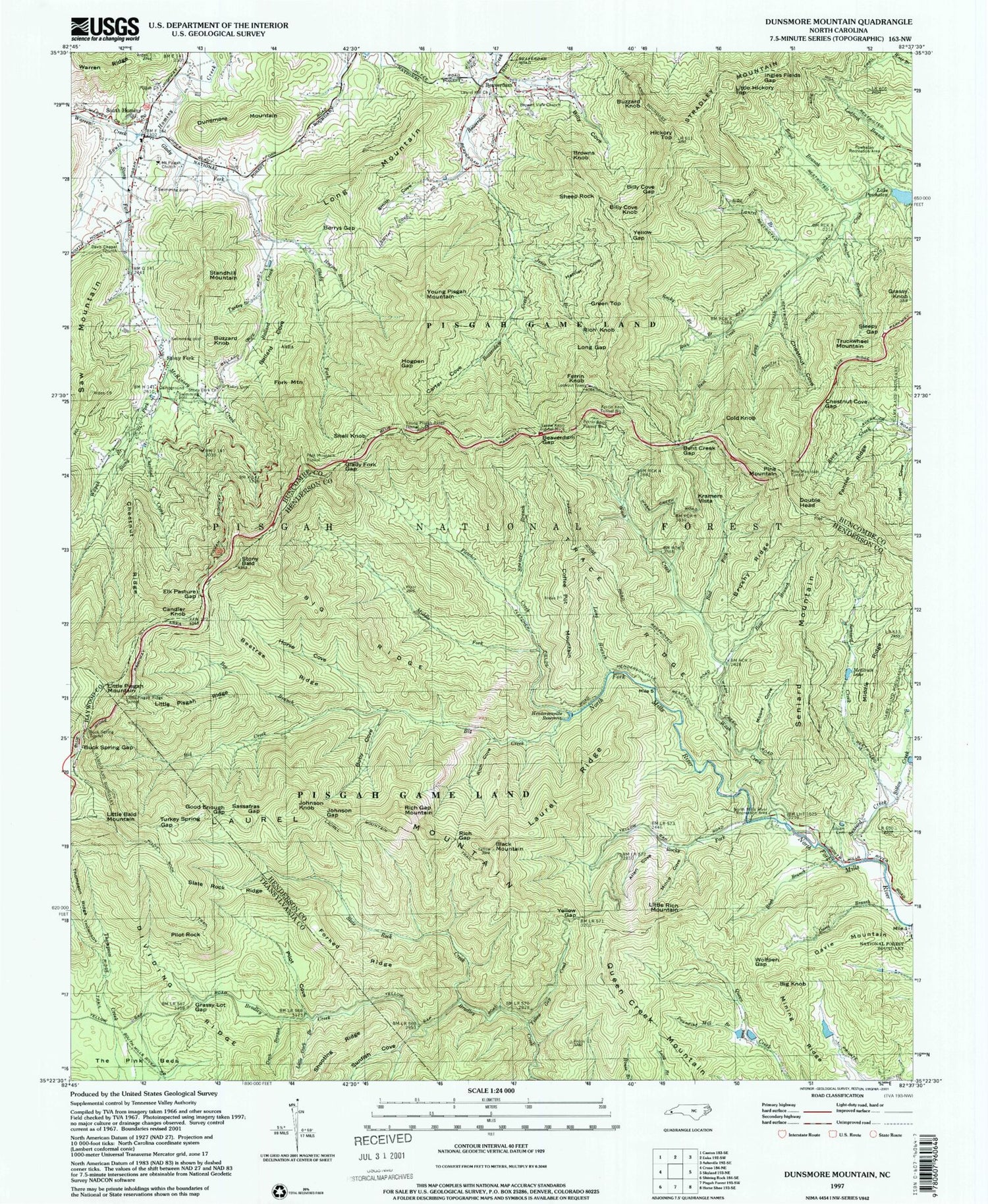 Classic USGS Dunsmore Mountain North Carolina 7.5'x7.5' Topo Map Image