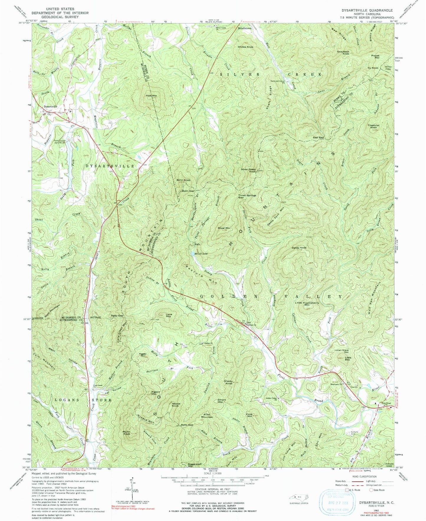 Classic USGS Dysartsville North Carolina 7.5'x7.5' Topo Map Image