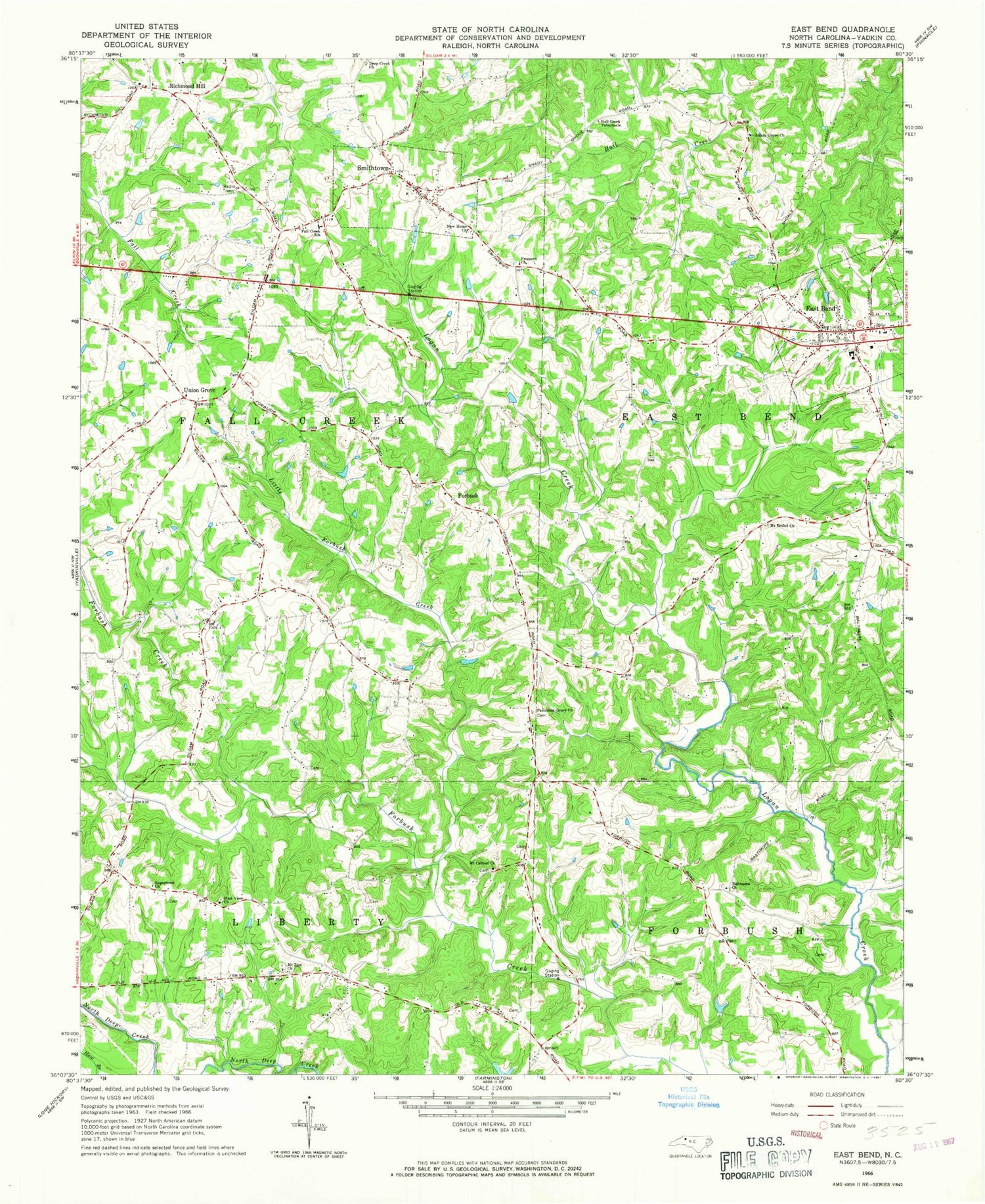 Classic USGS East Bend North Carolina 7.5'x7.5' Topo Map Image