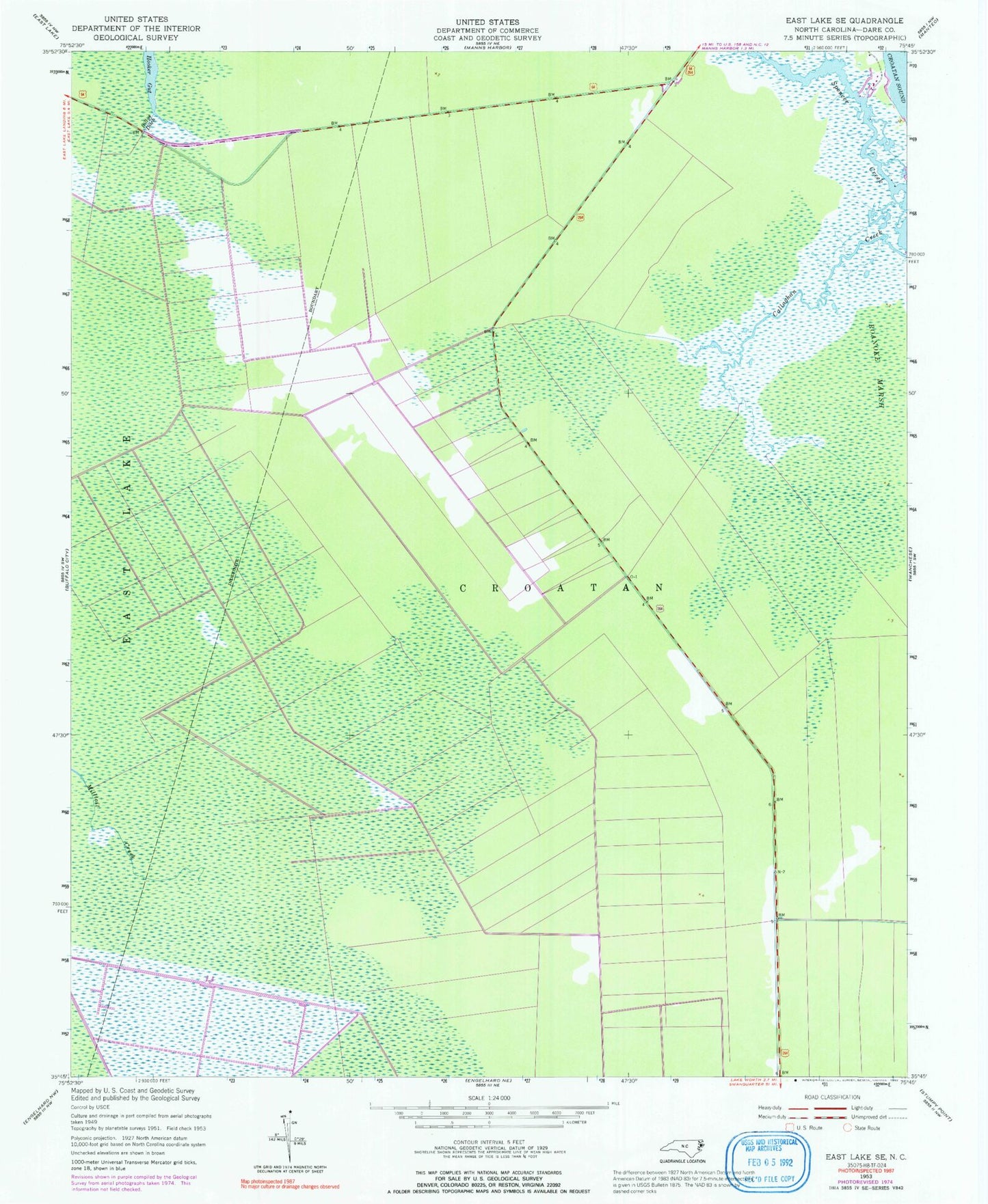 Classic USGS East Lake SE North Carolina 7.5'x7.5' Topo Map Image