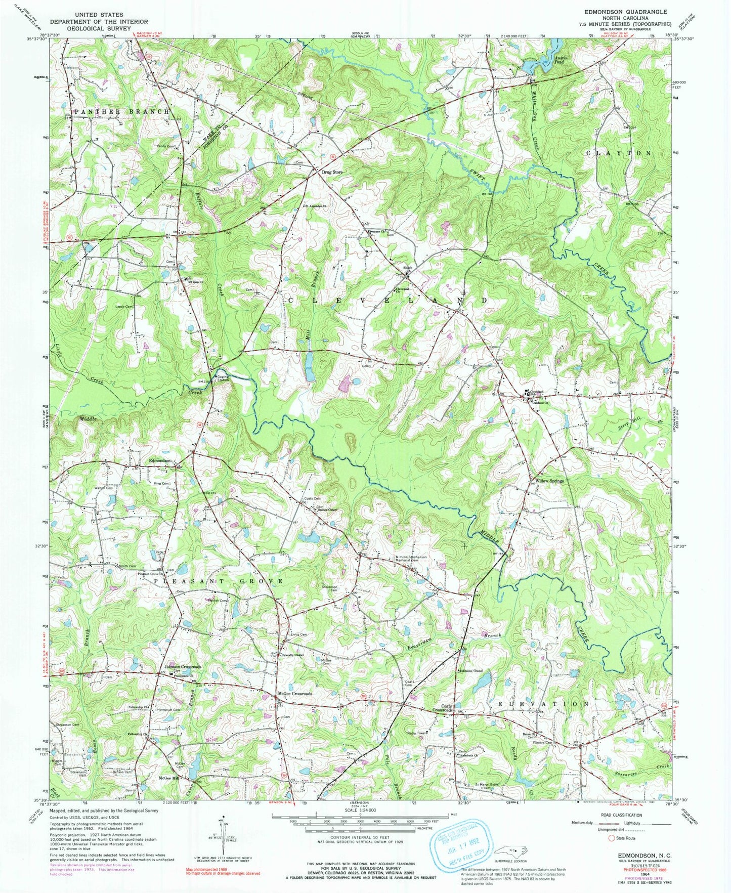 Classic USGS Edmondson North Carolina 7.5'x7.5' Topo Map Image