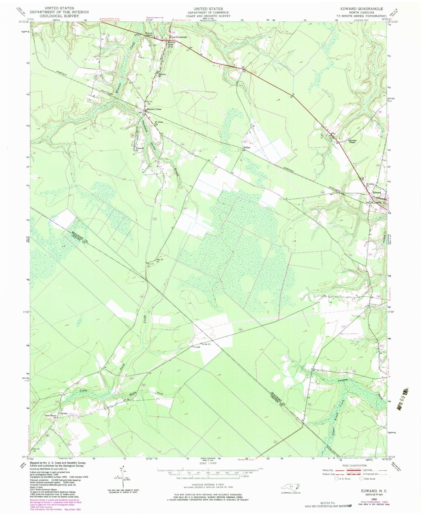 Classic USGS Edward North Carolina 7.5'x7.5' Topo Map Image