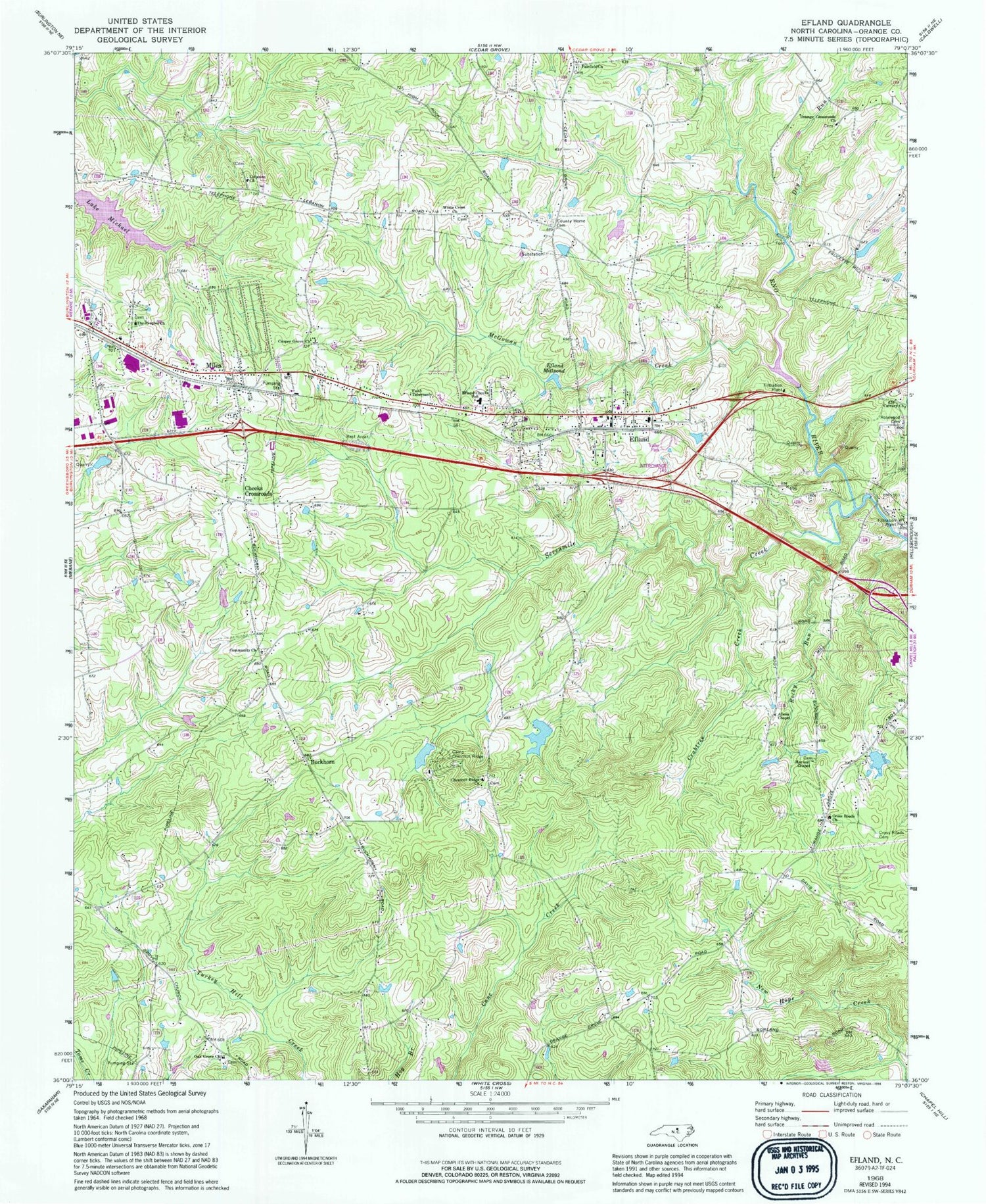 Classic USGS Efland North Carolina 7.5'x7.5' Topo Map Image