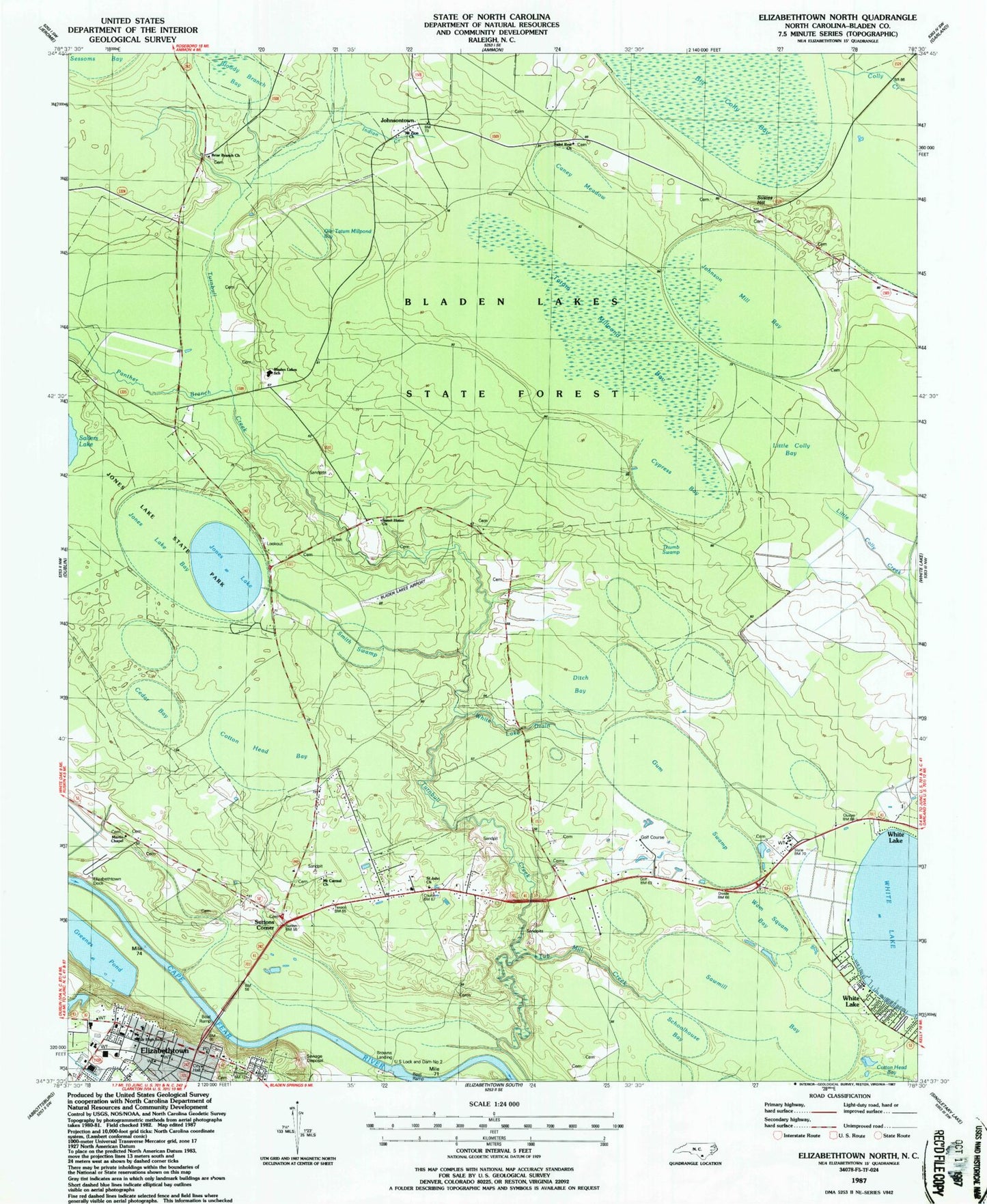 Classic USGS Elizabethtown North North Carolina 7.5'x7.5' Topo Map Image