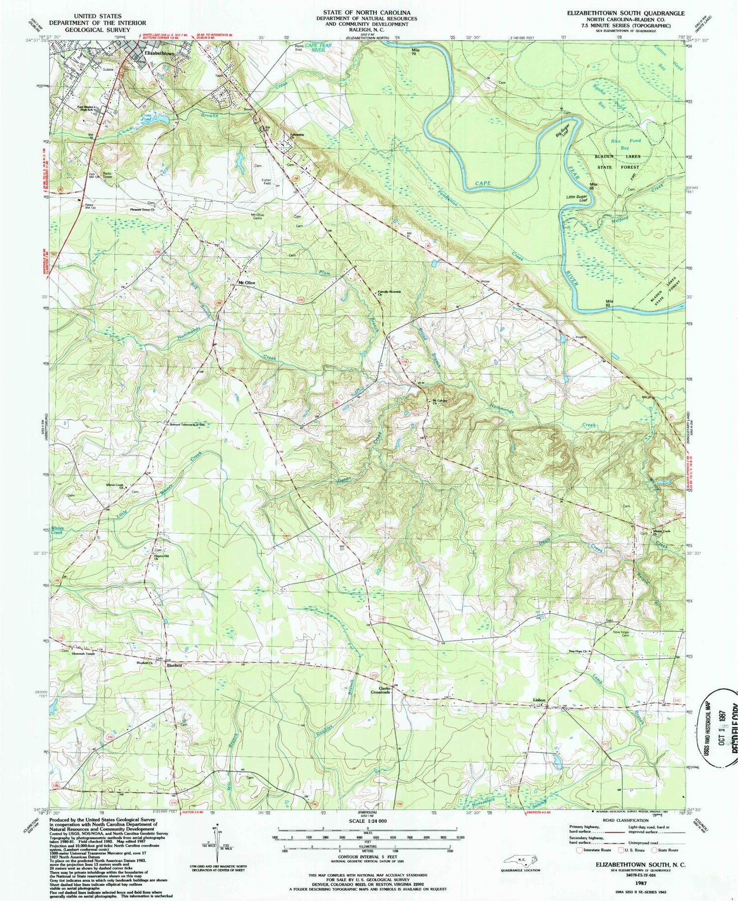 Classic USGS Elizabethtown South North Carolina 7.5'x7.5' Topo Map Image