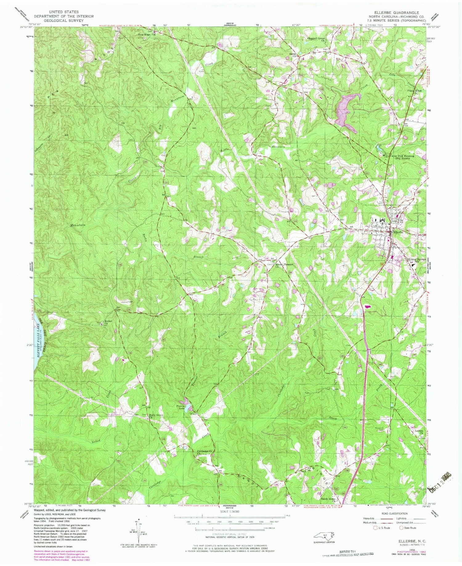 Classic USGS Ellerbe North Carolina 7.5'x7.5' Topo Map Image