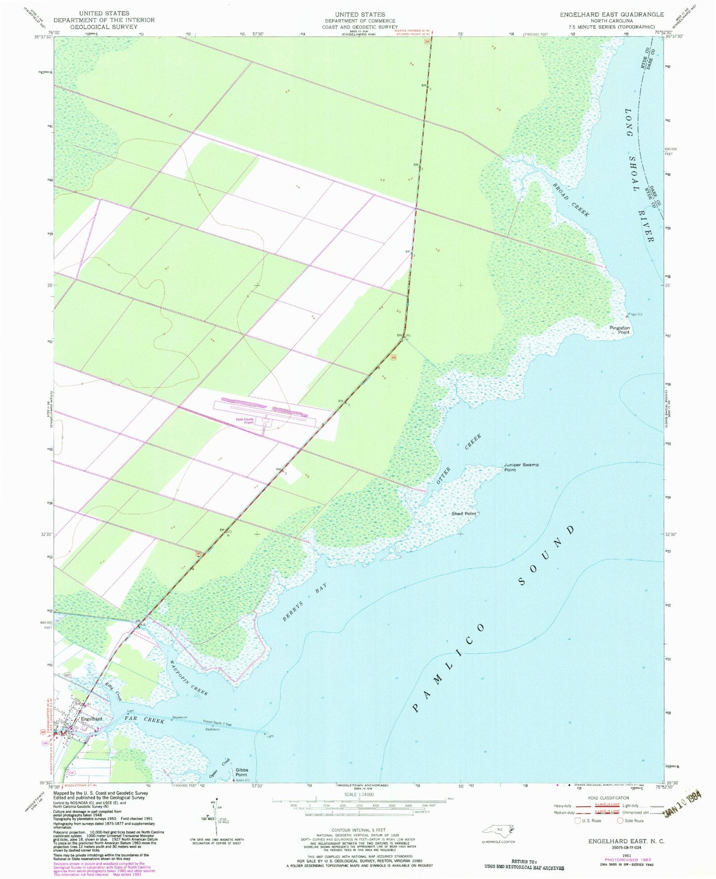 Classic USGS Engelhard East North Carolina 7.5'x7.5' Topo Map Image